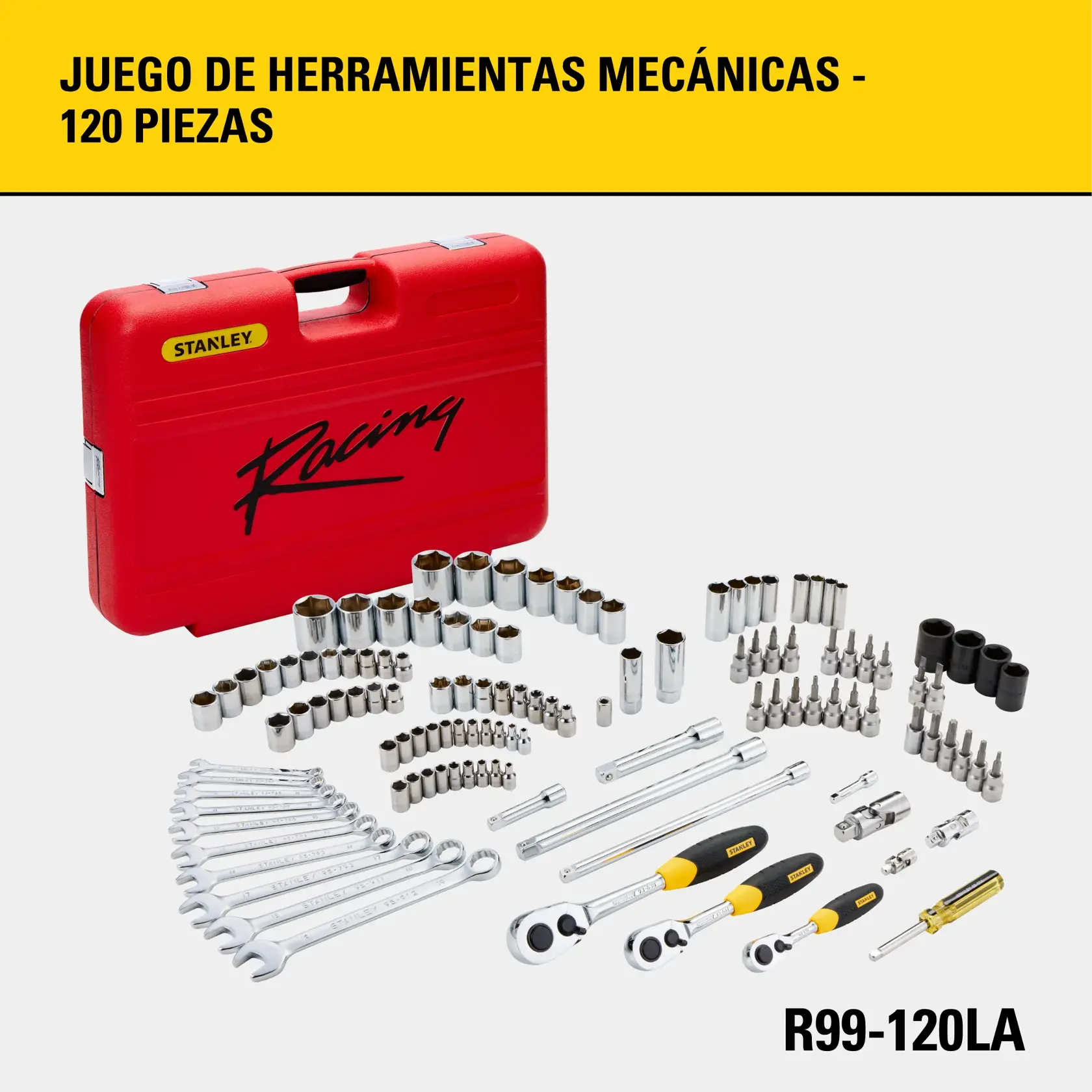 Jogo de ferramentas mecânicas Stanley Racing com 120 peças, incluindo chaves, catracas, soquetes, bits, barras de extensão e uma maleta vermelha com o rótulo 'Stanley Racing'. SKU do produto: R99-120LA.