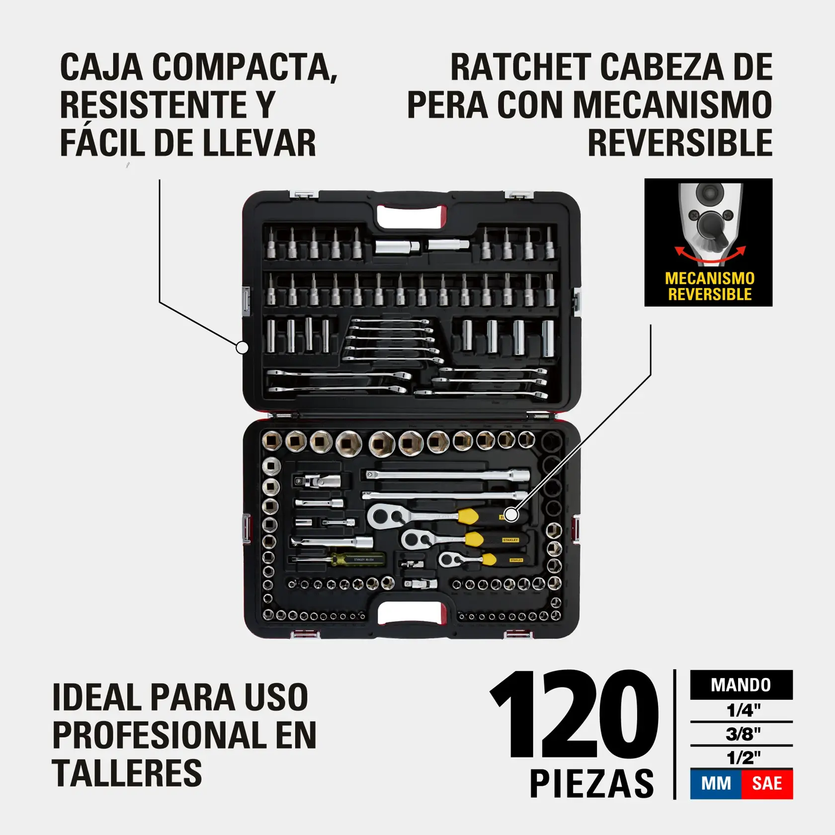 Gráfico de um conjunto de ferramentas Stanley com uma caixa preta compacta, durável e fácil de transportar com 120 peças. O kit inclui catracas de cabeça de pêra reversíveis, soquetes de vários tamanhos e diversas ferramentas manuais. Indicado para uso profissional em oficinas, com medidas em polegadas (1/4", 3/8", 1/2") e nos sistemas métrico (MM) e SAE.