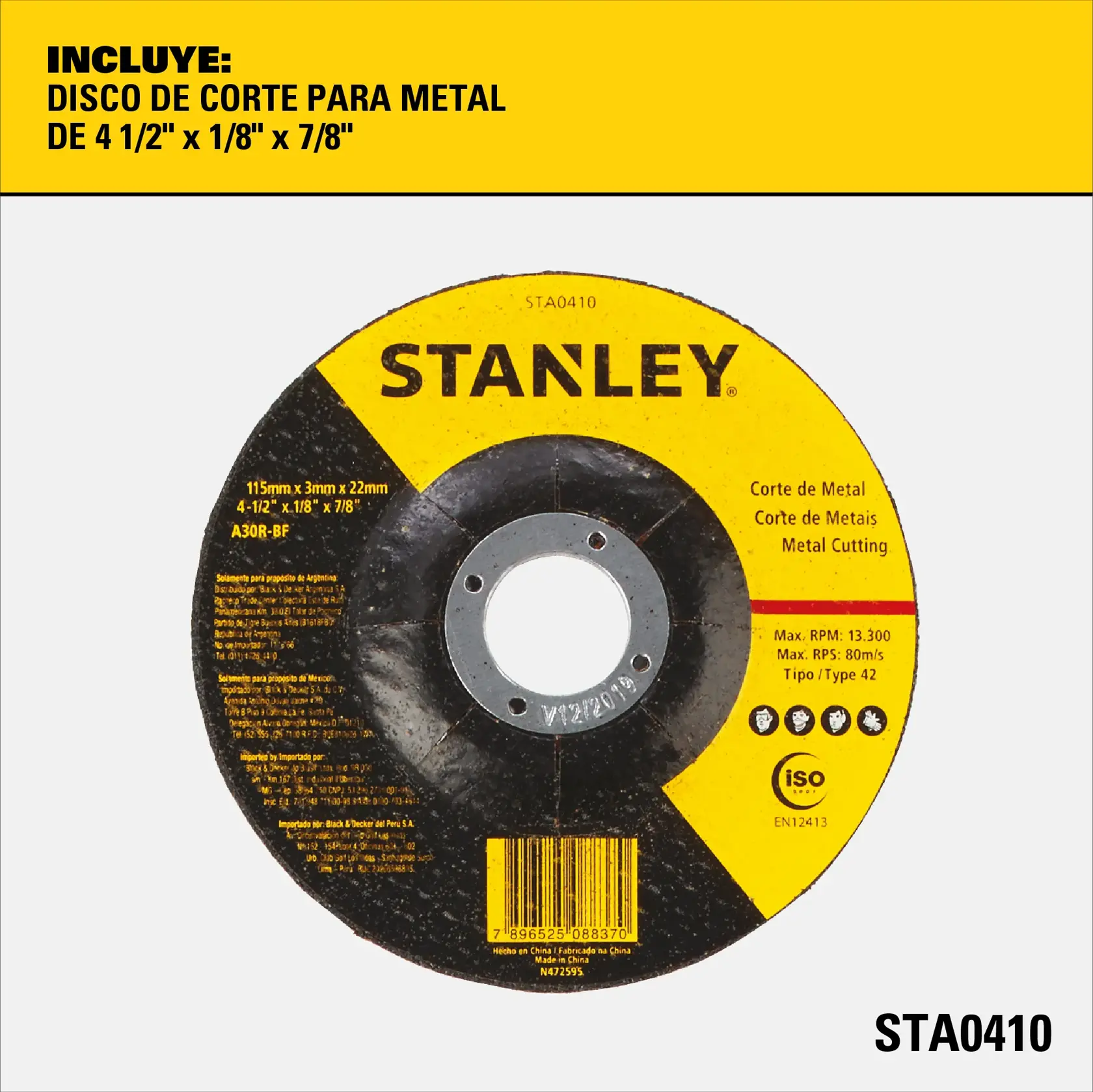 Disco de corte para metal Stanley STA0410. La imagen muestra un disco circular de corte para metal con la marca 'Stanley' y especificaciones de 4 1/2'' x 1/8'' x 7/8'' (115mm x 3mm x 22mm). El disco está diseñado para cortar metal y es de color negro y amarillo, con información sobre RPM máximo (13,300) y normativas. El fondo del empaque es amarillo y blanco, con detalles del producto en español y SKU STA0410.
