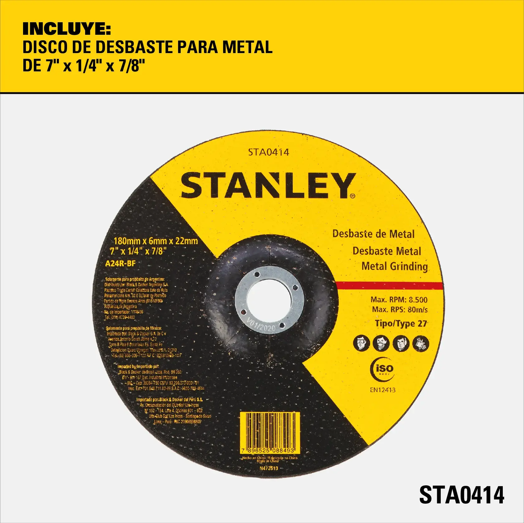 Stanley STA0414 disco de desbaste de metal, amarillo y negro, foto de la etiqueta frontal sobre fondo blanco.