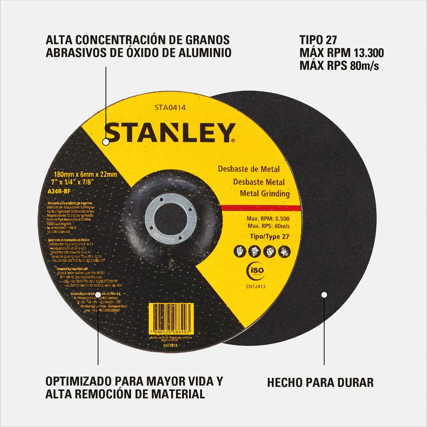 Disco de desbaste para metal Stanley STA0414 de 7 pulgadas x 1/4 pulgada x 7/8 pulgada, mostrado sobre fondo blanco con marca y detalles en amarillo e información del producto en español e inglés. Incluye especificaciones e iconos de seguridad.
