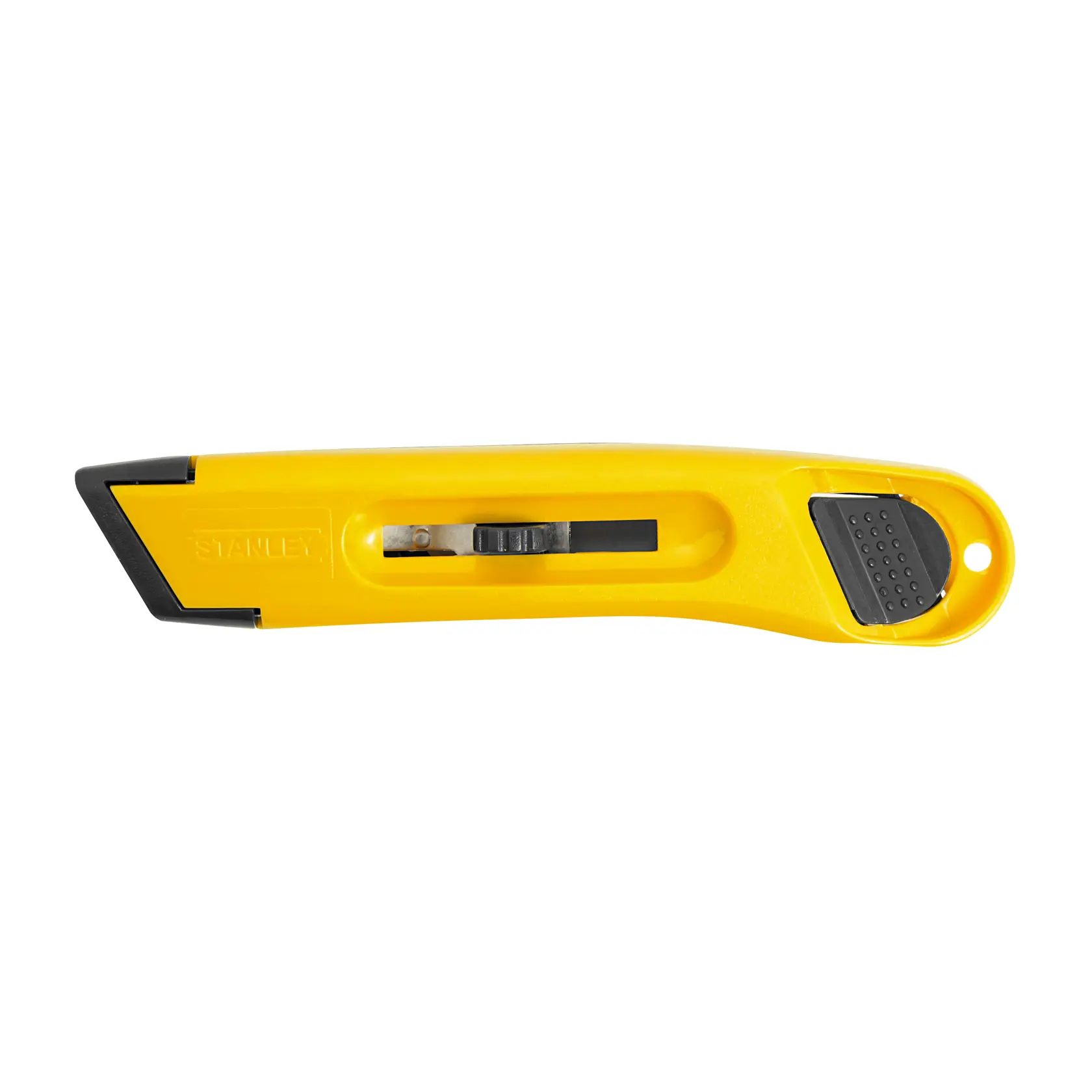 Estilete STANLEY 10-065LA, corpo amarelo com detalhes pretos, vista lateral em fundo branco.