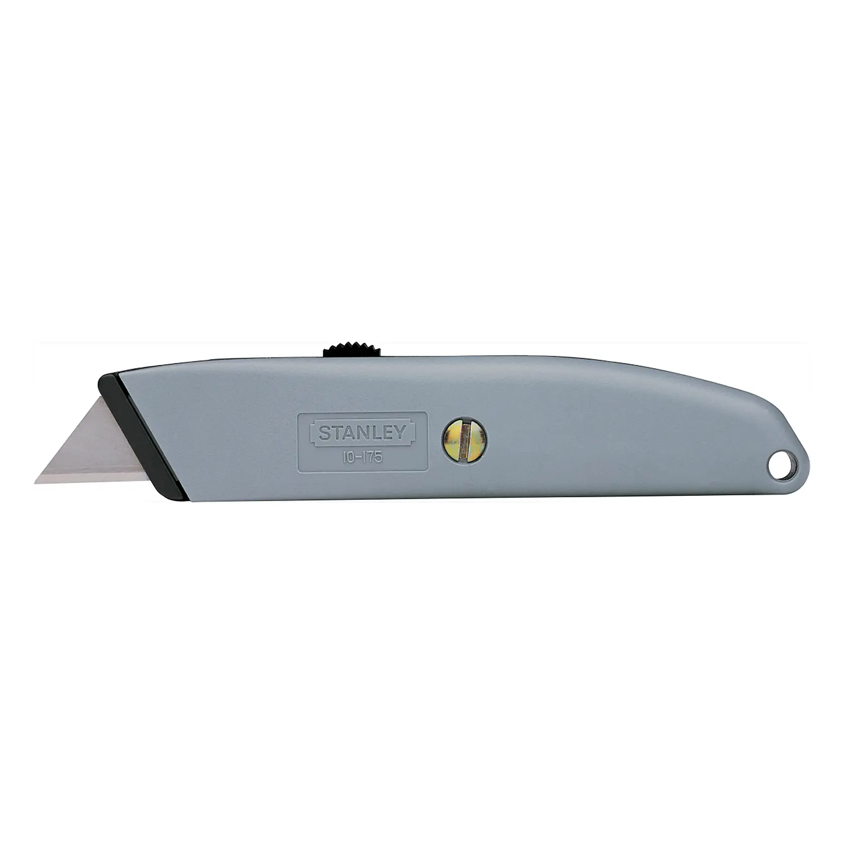 STANLEY 10-175 faca utilitária prateada, vista lateral esquerda, com lâmina visível e parafuso no cabo de metal.