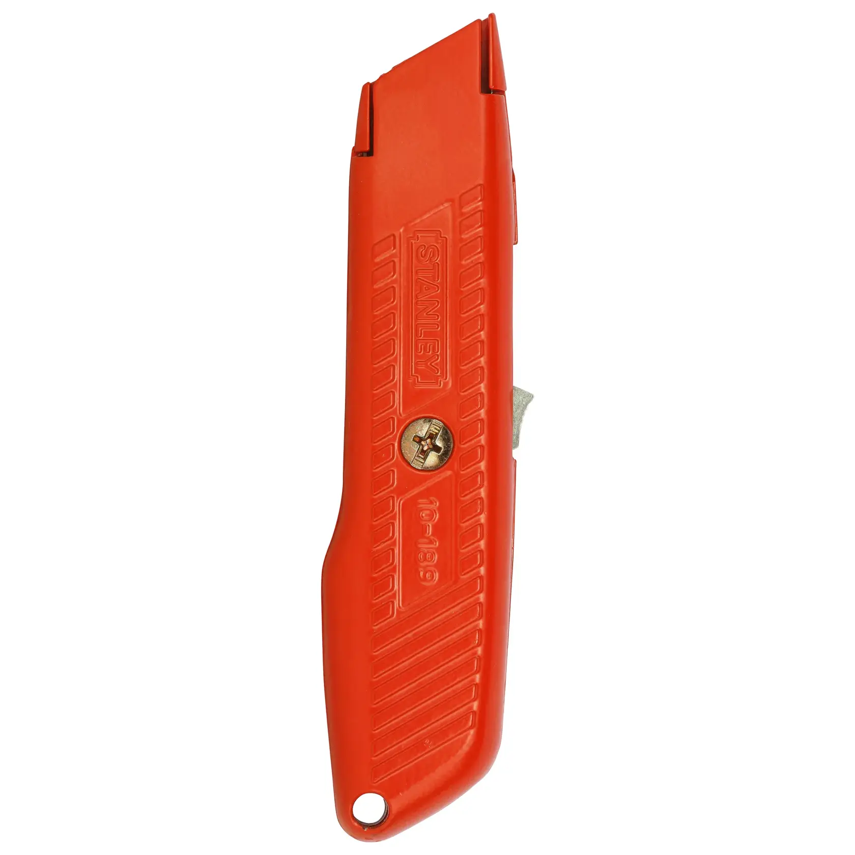 Estilete STANLEY 10-189C com cabo vermelho, vista lateral, parafuso de latão, fundo branco.