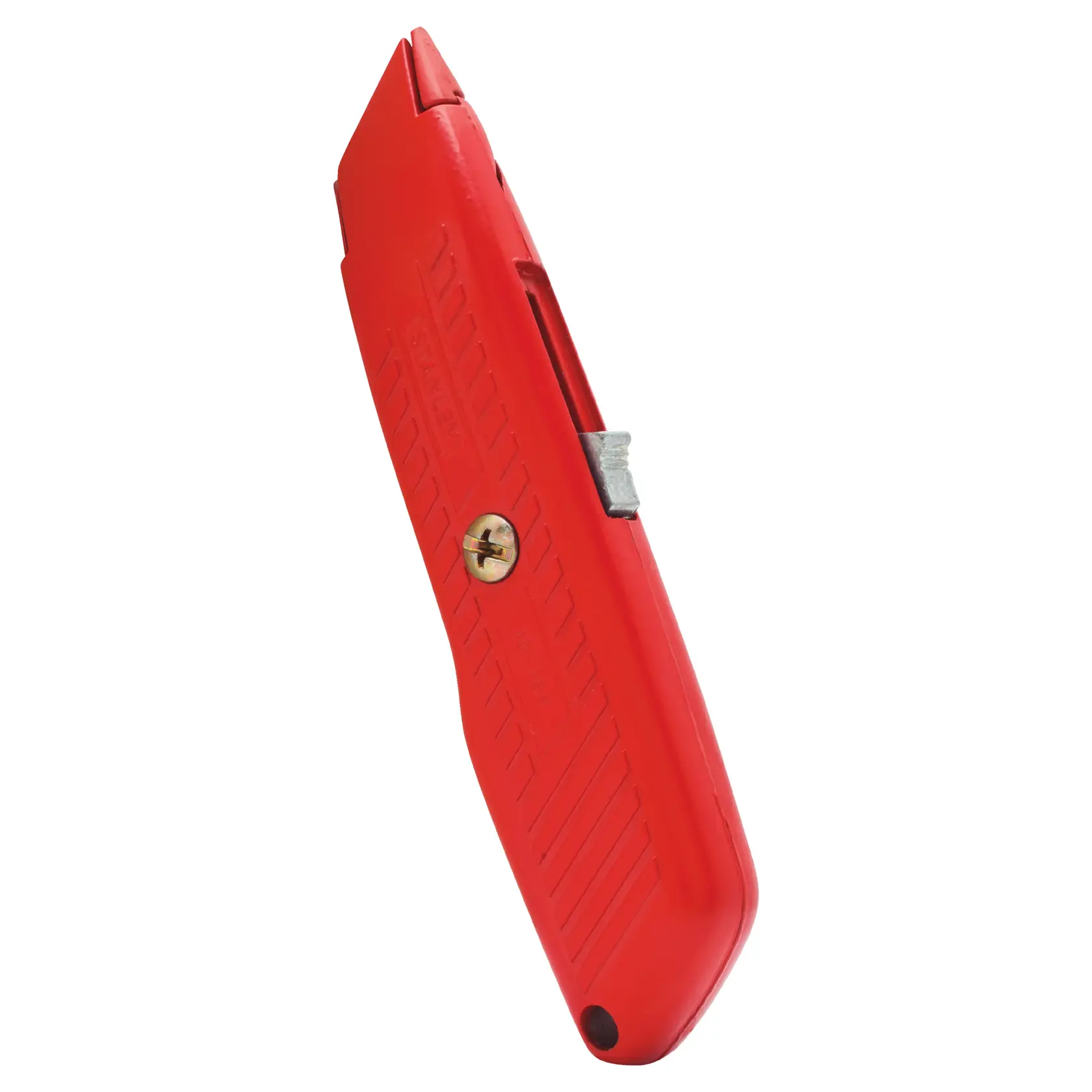 Estilete Stanley vermelho lateral, lâmina retrátil, pegada texturizada, fundo branco