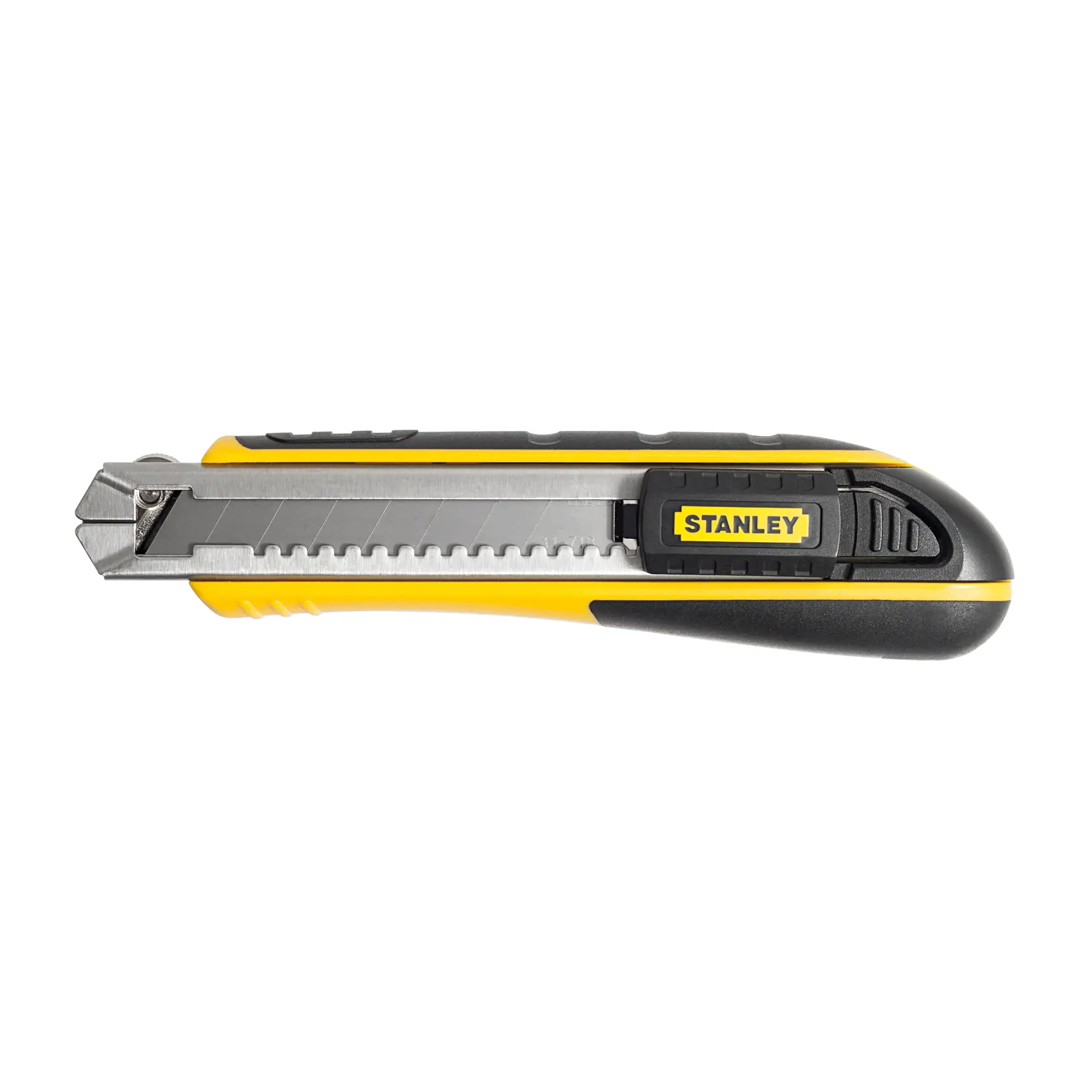 Cuchillo multiusos STANLEY 10-481, amarillo y negro, vista lateral sobre fondo blanco.