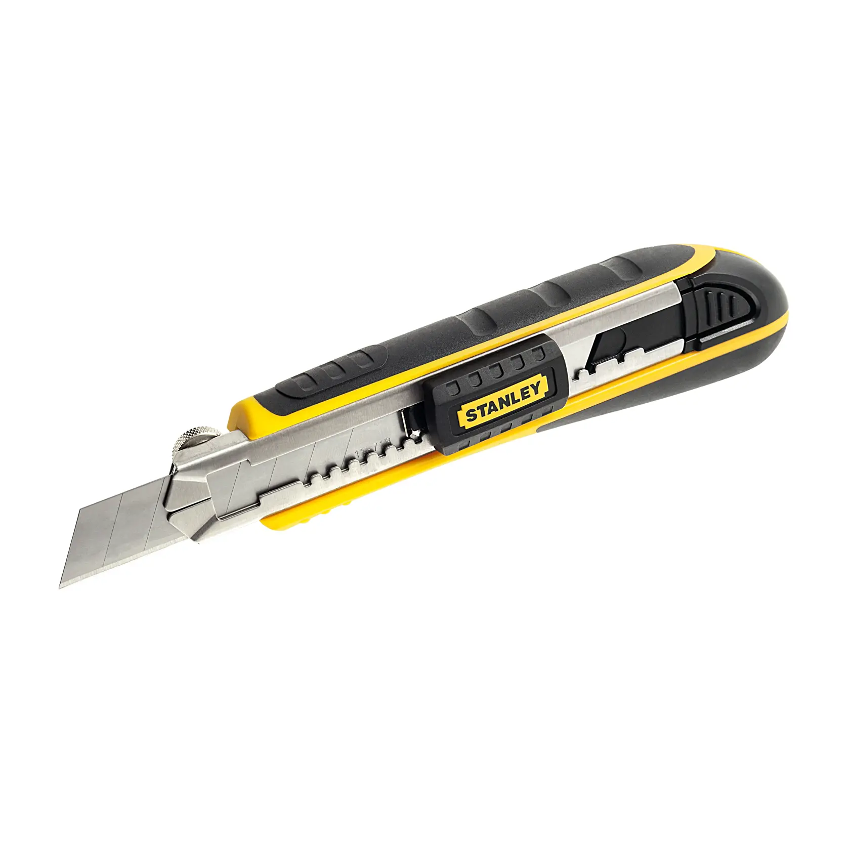 Cuchillo utilitario STANLEY 10-481 con hoja segmentada, mango negro y amarillo, vista lateral, sobre fondo blanco.