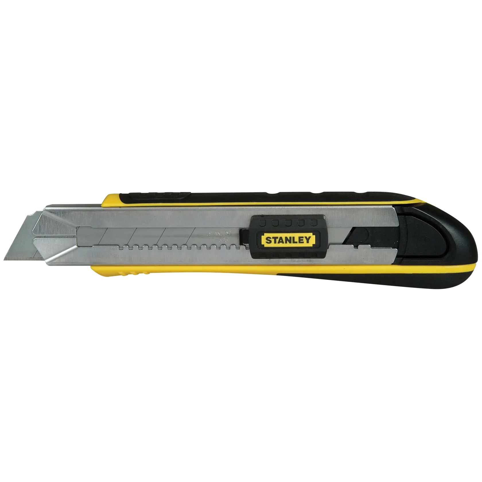Cúter Stanley con hoja segmentada retráctil, cuerpo amarillo y negro, vista lateral sobre fondo blanco.