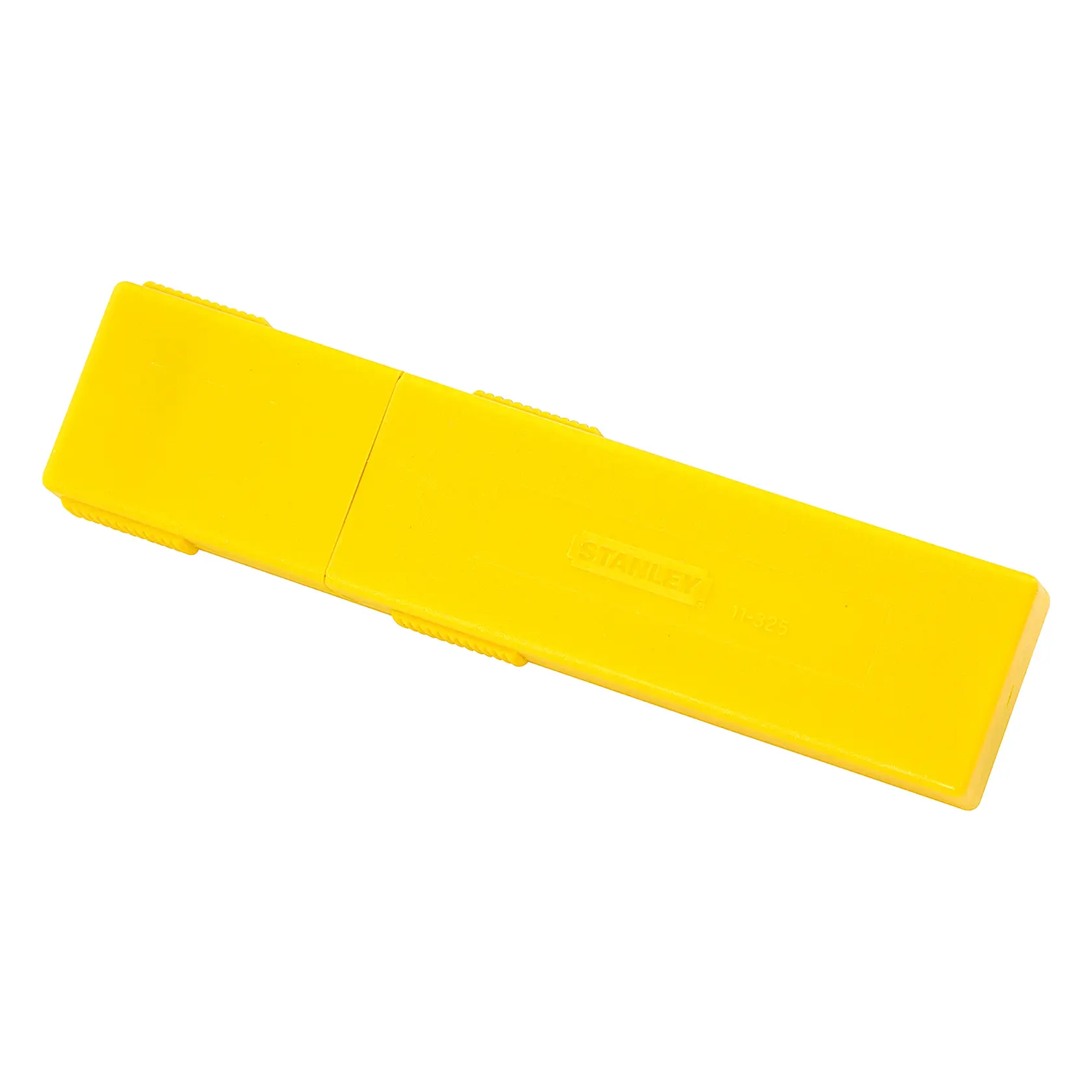 Estojo de armazenamento de lâminas STANLEY 11-325T de plástico amarelo, retangular, vista superior, sobre fundo branco.