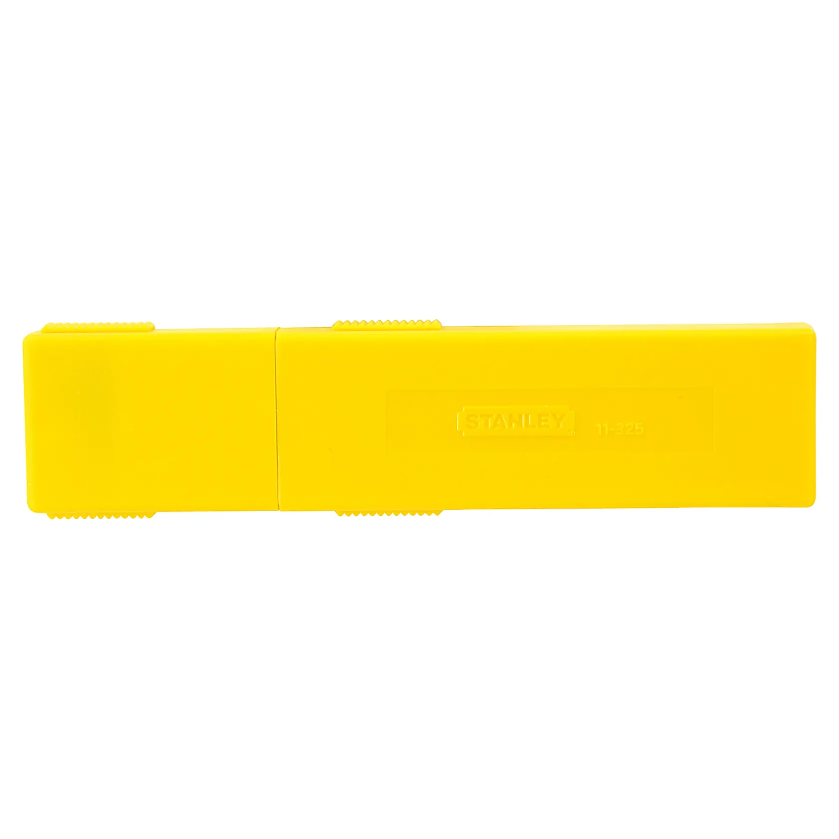 Distribuidor de lâminas utilitárias em plástico amarelo STANLEY 11-325T, ângulo frontal, com fundo branco.