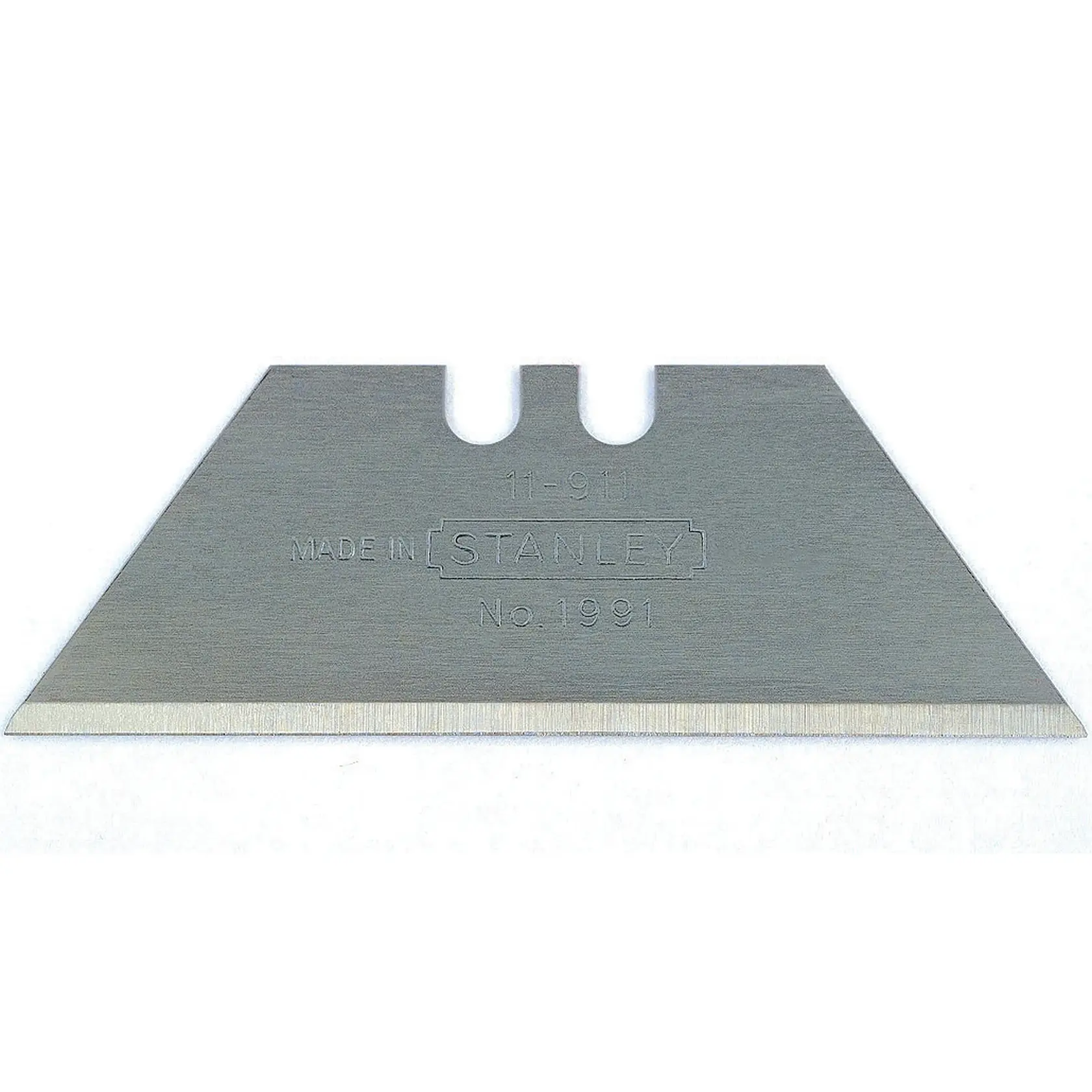 Cuchilla para cutter Stanley, vista frontal, metal plateado con filo afilado y dos ranuras, modelo 1991