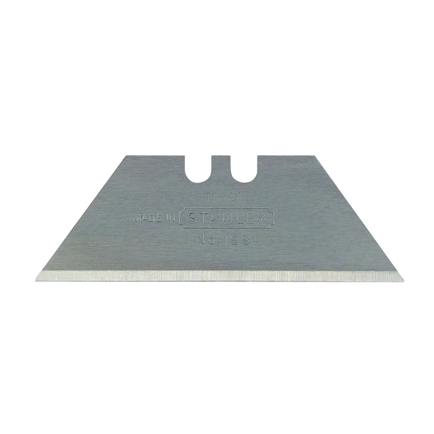 Cuchilla para cutter Stanley, vista frontal, metal plateado con filo afilado y doble ranura, fondo blanco