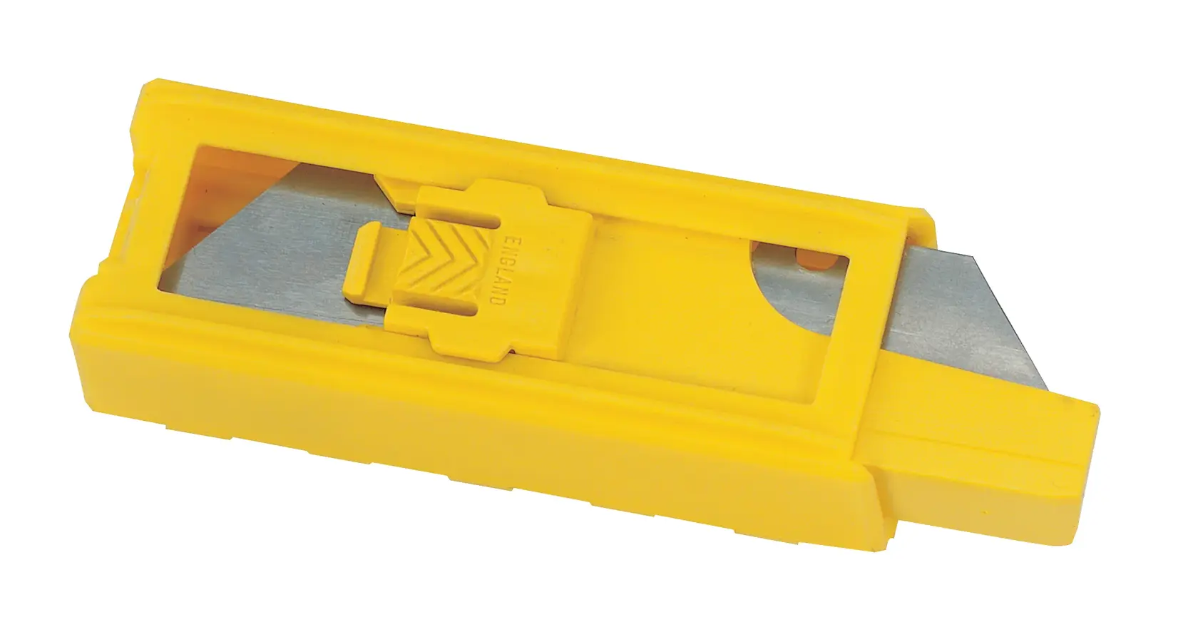 Dispenser de lâminas de estilete Stanley 11-921, plástico amarelo, vista lateral, contém lâminas metálicas.