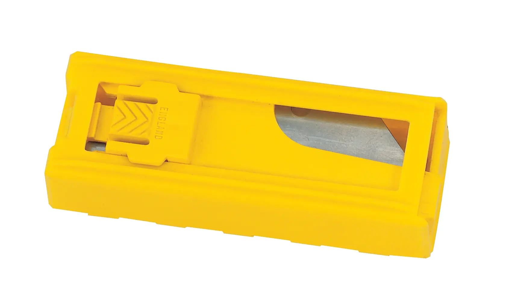Dispenser de lâminas utilitárias STANLEY 11-921 amarelo, estojo plástico com lâminas metálicas visíveis, visto de cima.
