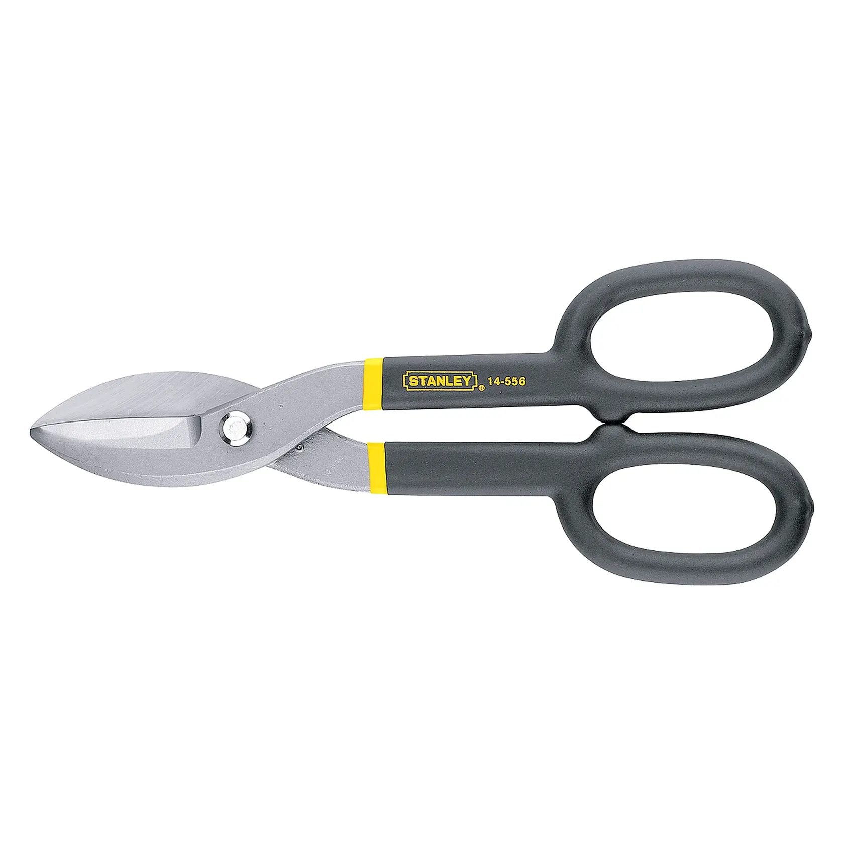 STANLEY 14-556 tesoura aviação com cabos pretos, detalhes amarelos e lâminas prateadas, vista lateral em fundo branco.