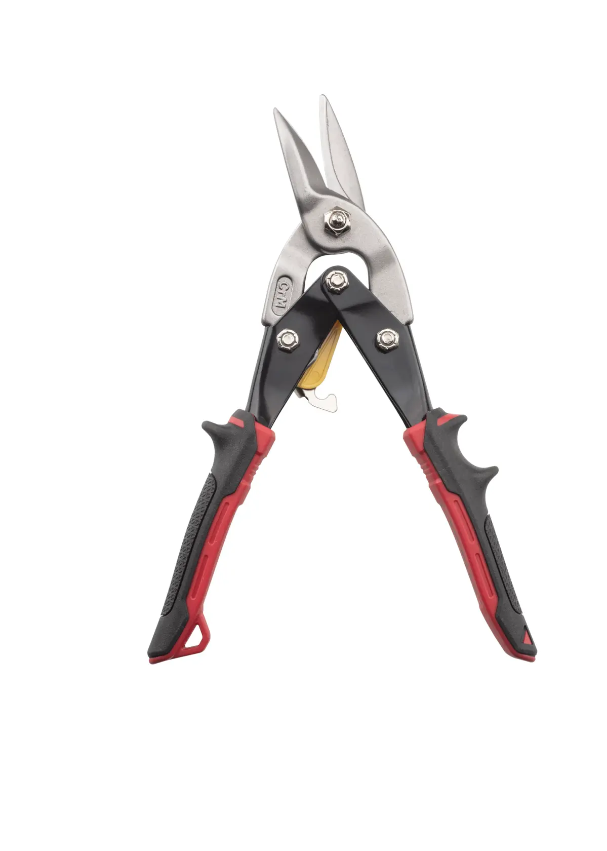STANLEY 14-562 tesoura de aviação com cabo preto e vermelho, vista lateral em fundo branco.