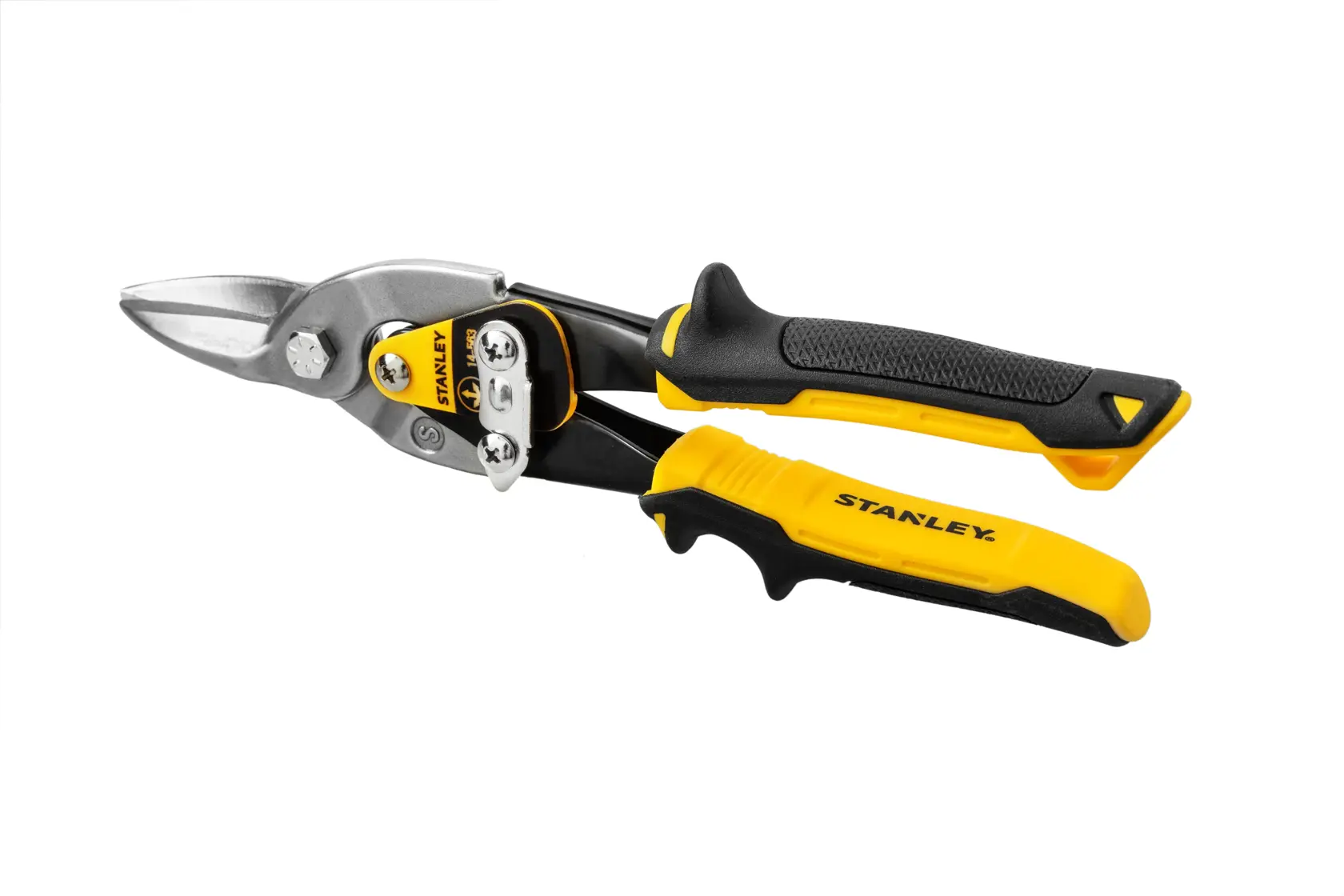 STANLEY 14-563 tesouras para aviação com cabos ergonômicos amarelo e preto, vista frontal em fundo branco.