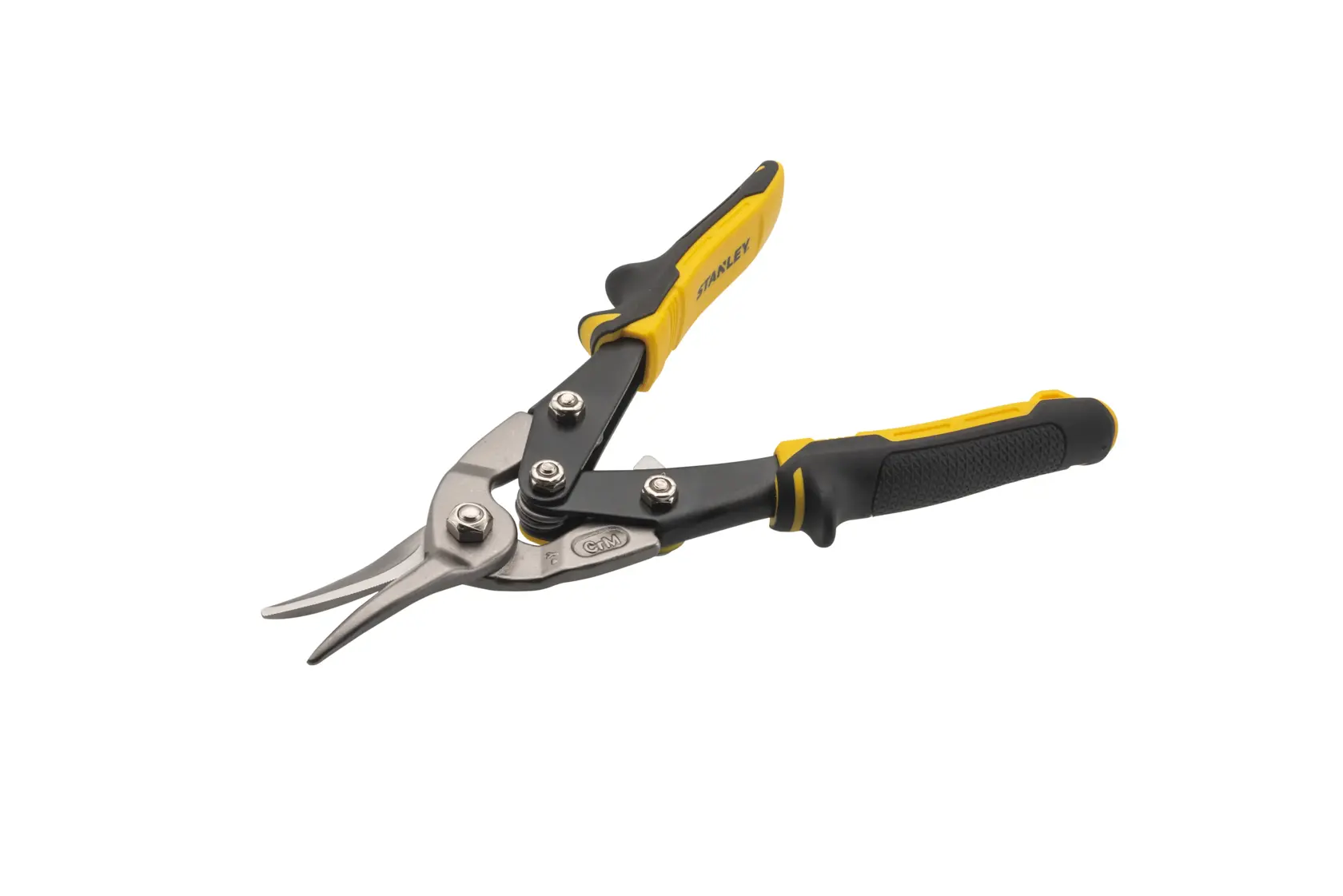 STANLEY 14-563 tesoura para chapas com lâminas curvas, cabos preto e amarelo, vista angular em fundo branco.