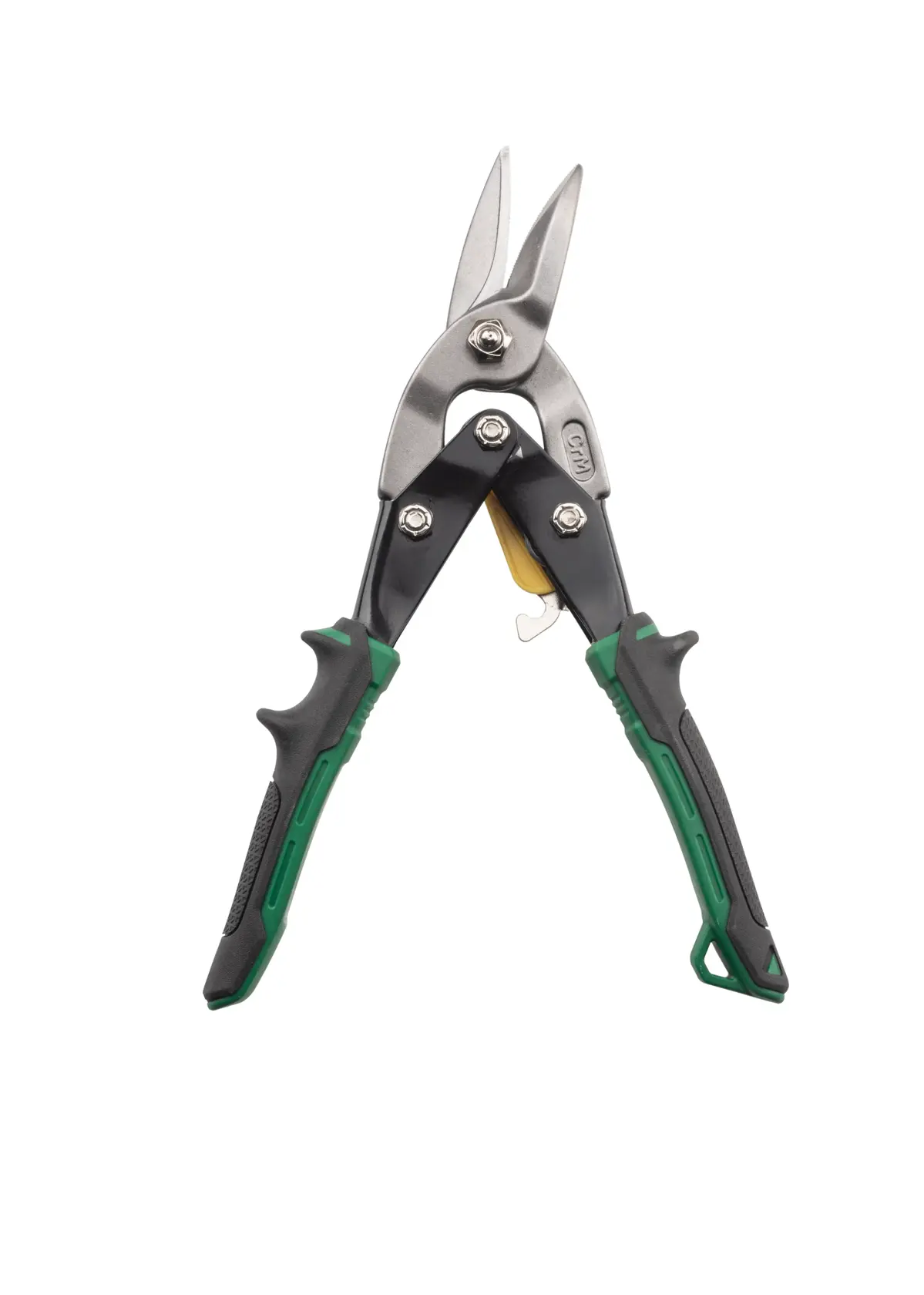 STANLEY 14-564 tesoura de aviação com cabos FatMax verdes e pretos, ângulo frontal em fundo branco.