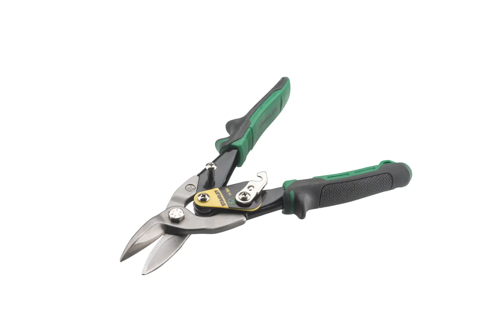 STANLEY 14-564 tesoura de aviação com cabos ergonômicos verdes e pretos, foto do produto em fundo branco.