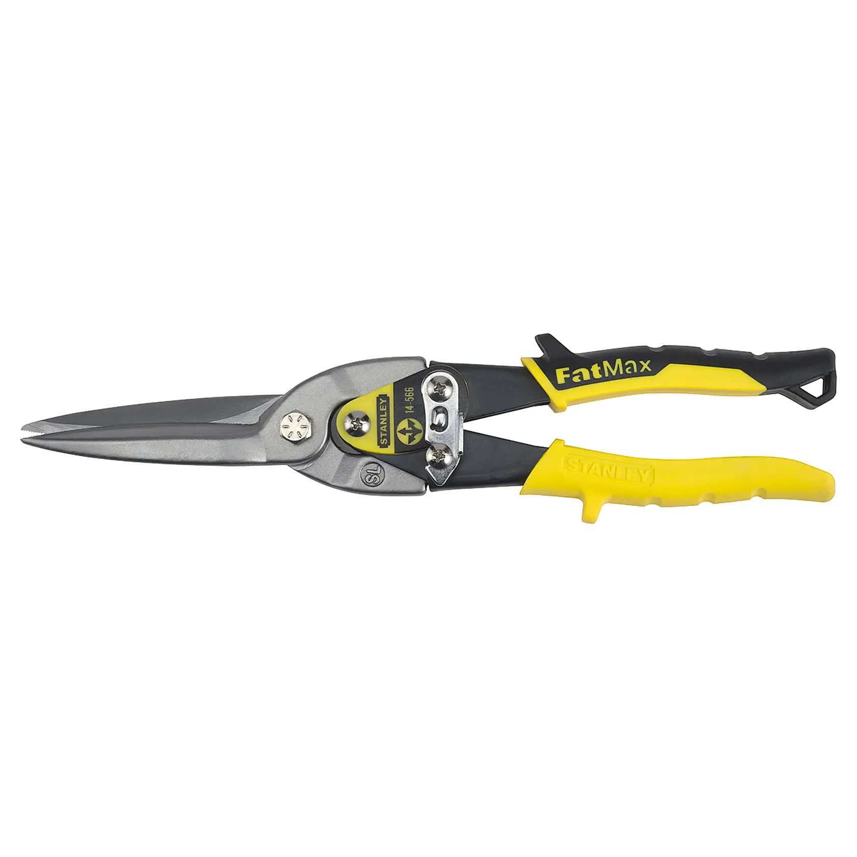 STANLEY 14-566 FatMax tesoura de aviação com cabo amarelo e preto, foto lateral.