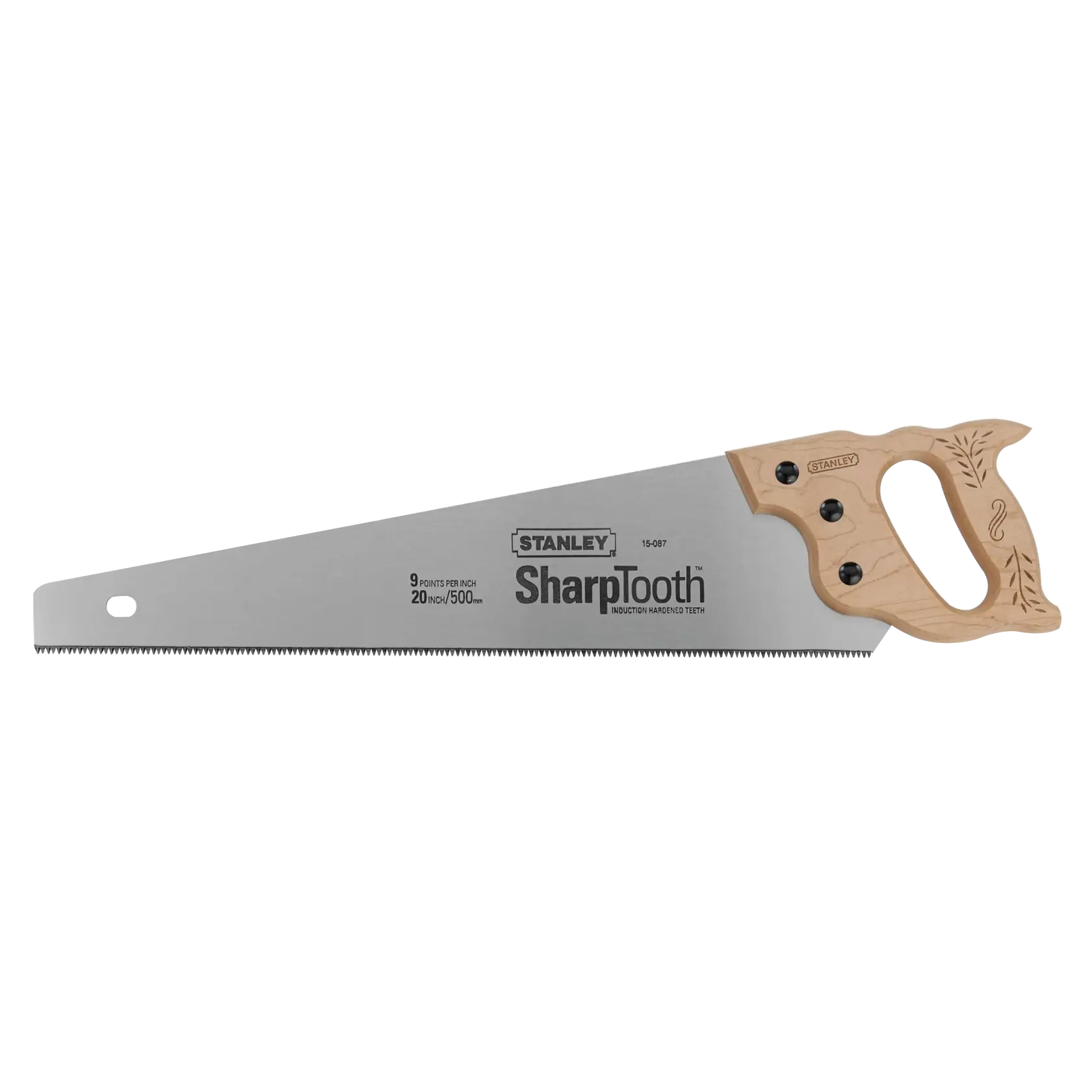 Sierra manual Stanley con hoja SharpTooth, mango de madera clara, vista lateral sobre fondo blanco.