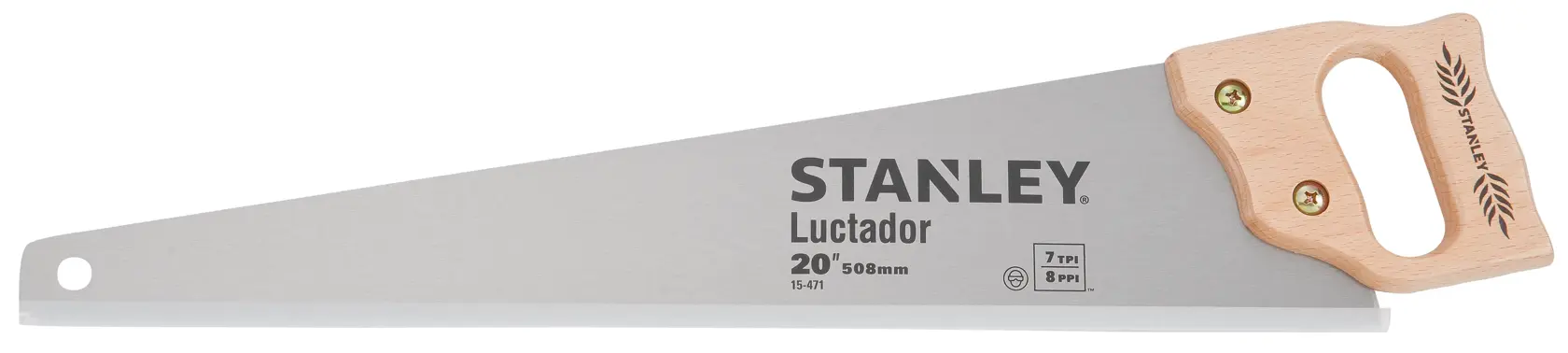 Serrote STANLEY 15-471 com lâmina de 20 polegadas e cabo de madeira, ângulo lateral em fundo branco.