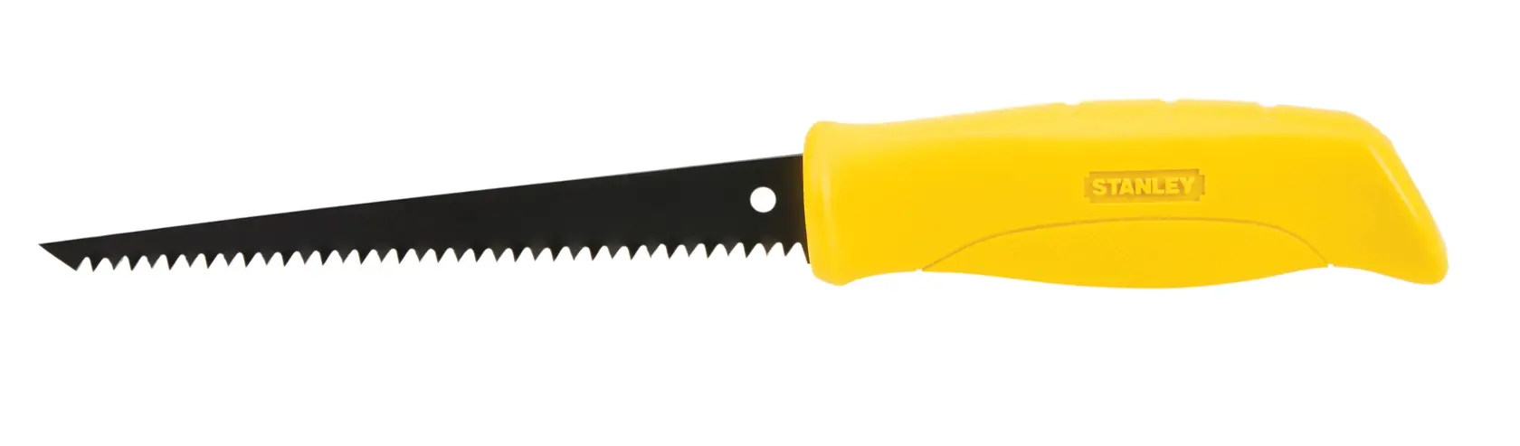 Serra para drywall Stanley com cabo amarelo e lâmina preta serrilhada, vista lateral em fundo branco