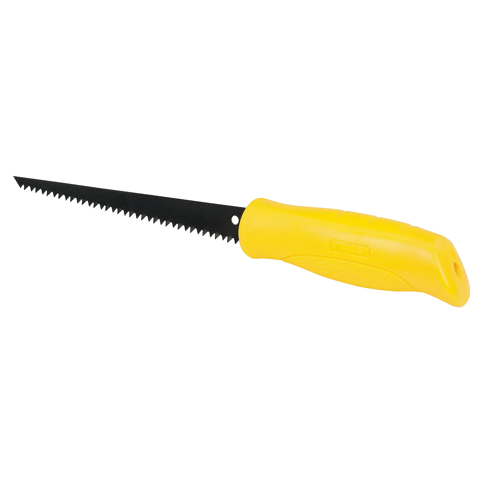 STANLEY 15-556 serra para gesso com lâmina serrilhada preta e cabo amarelo ergonômico, ângulo lateral em fundo branco.