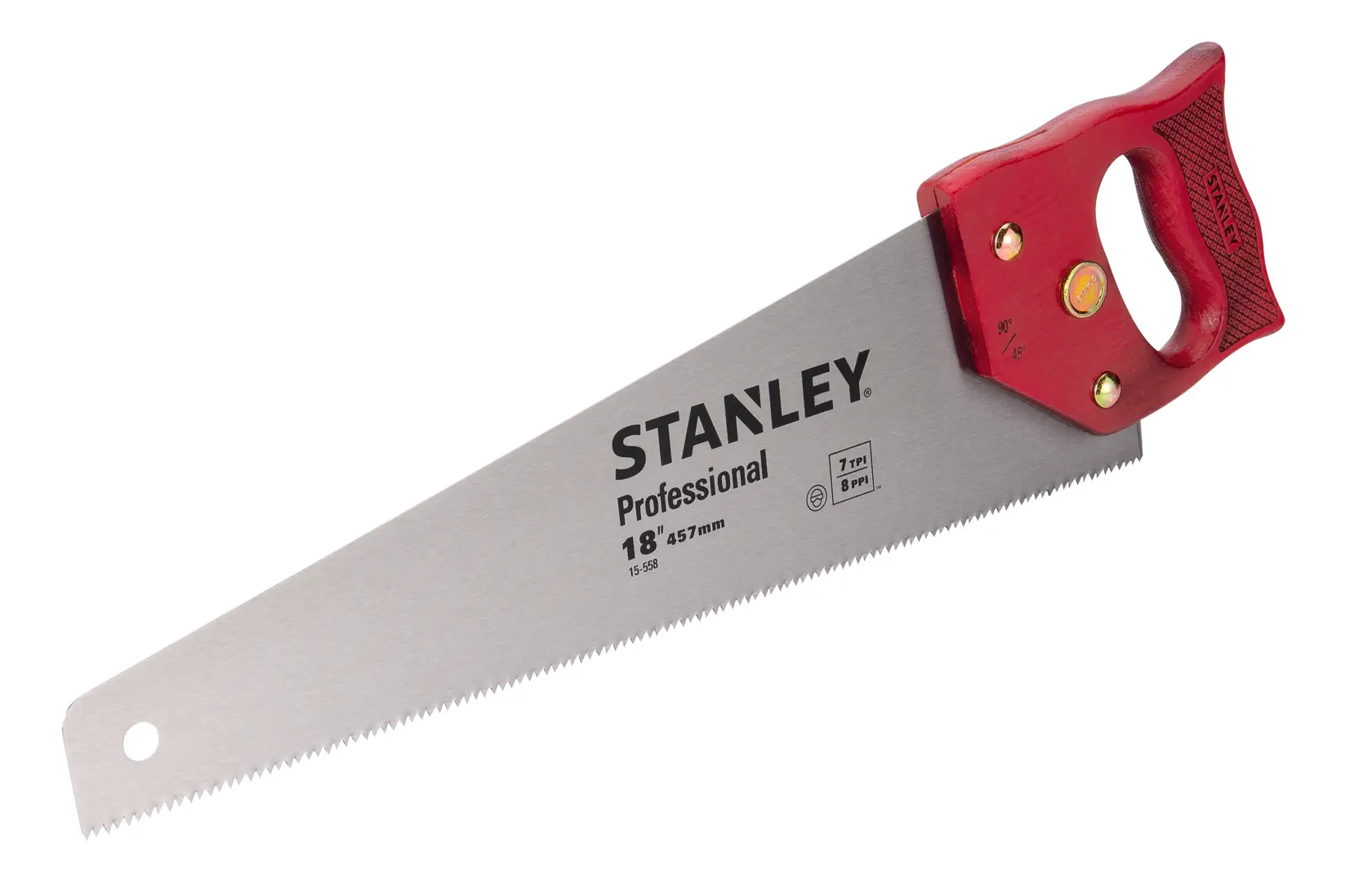 STANLEY 15-558 serra manual profissional com cabo vermelho, ângulo lateral, fotografia em fundo branco.
