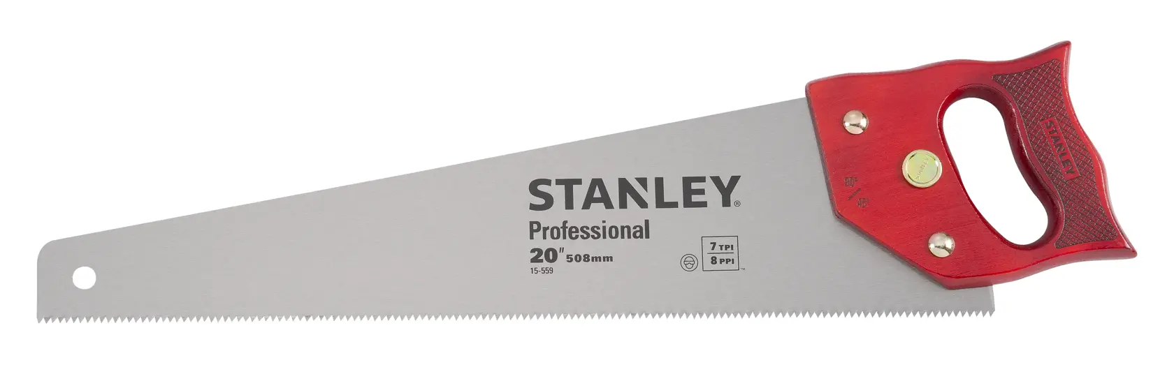 Fotografía de sierra manual STANLEY 15-559 con mango rojo y hoja plateada, producto sobre fondo blanco.