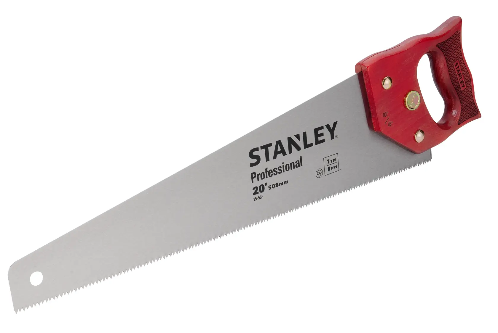 STANLEY 15-559 serrote manual com cabo vermelho e lâmina prateada, visto de lado em fundo branco, ferramenta de marcenaria.