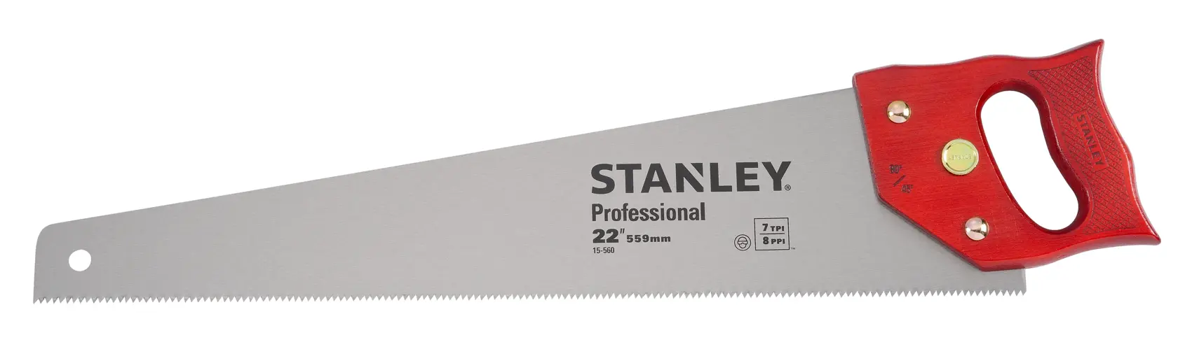 STANLEY 15-560 serra manual com cabo vermelho, lâmina de 22 polegadas, ângulo lateral, ferramenta profissional em fundo branco.