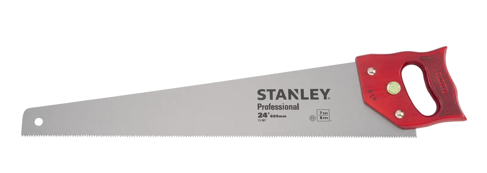 Serrote STANLEY 15-561 com cabo vermelho e lâmina prateada, produto em fundo branco, ângulo lateral.