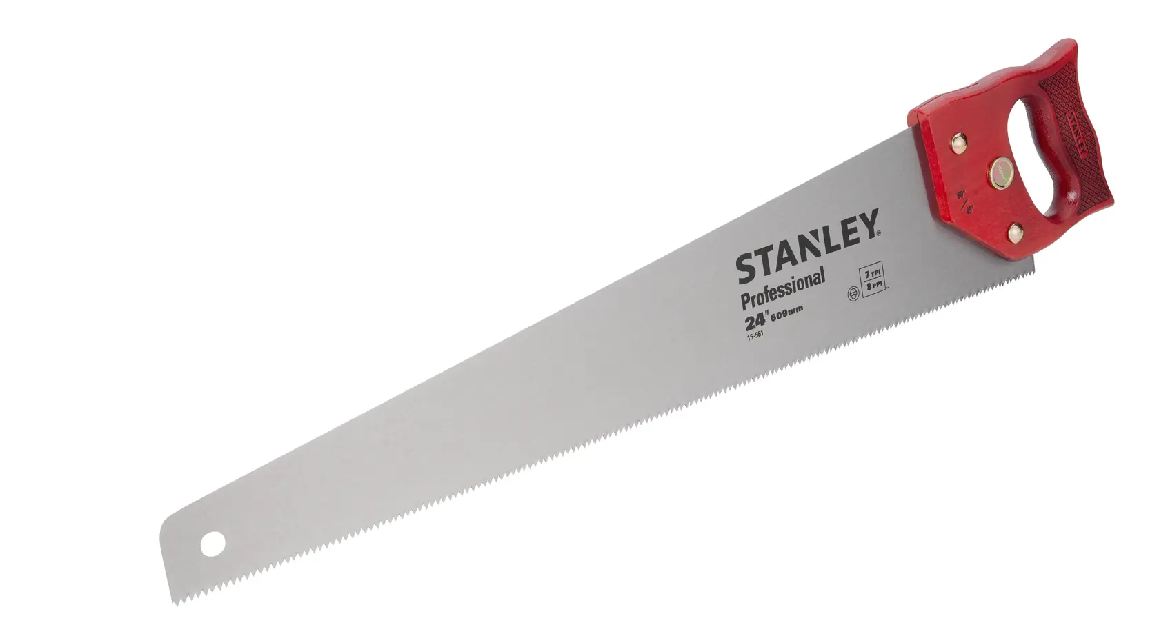 Foto do serrote STANLEY 15-561 com cabo vermelho e lâmina de aço de 24 polegadas, produto em ângulo sobre fundo branco.