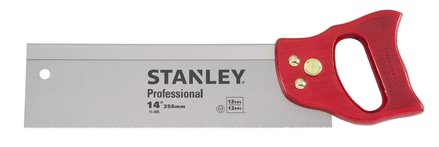 STANLEY 15-886 serrucho profesional con mango rojo, hoja de 14 pulgadas, vista lateral recta sobre fondo blanco.