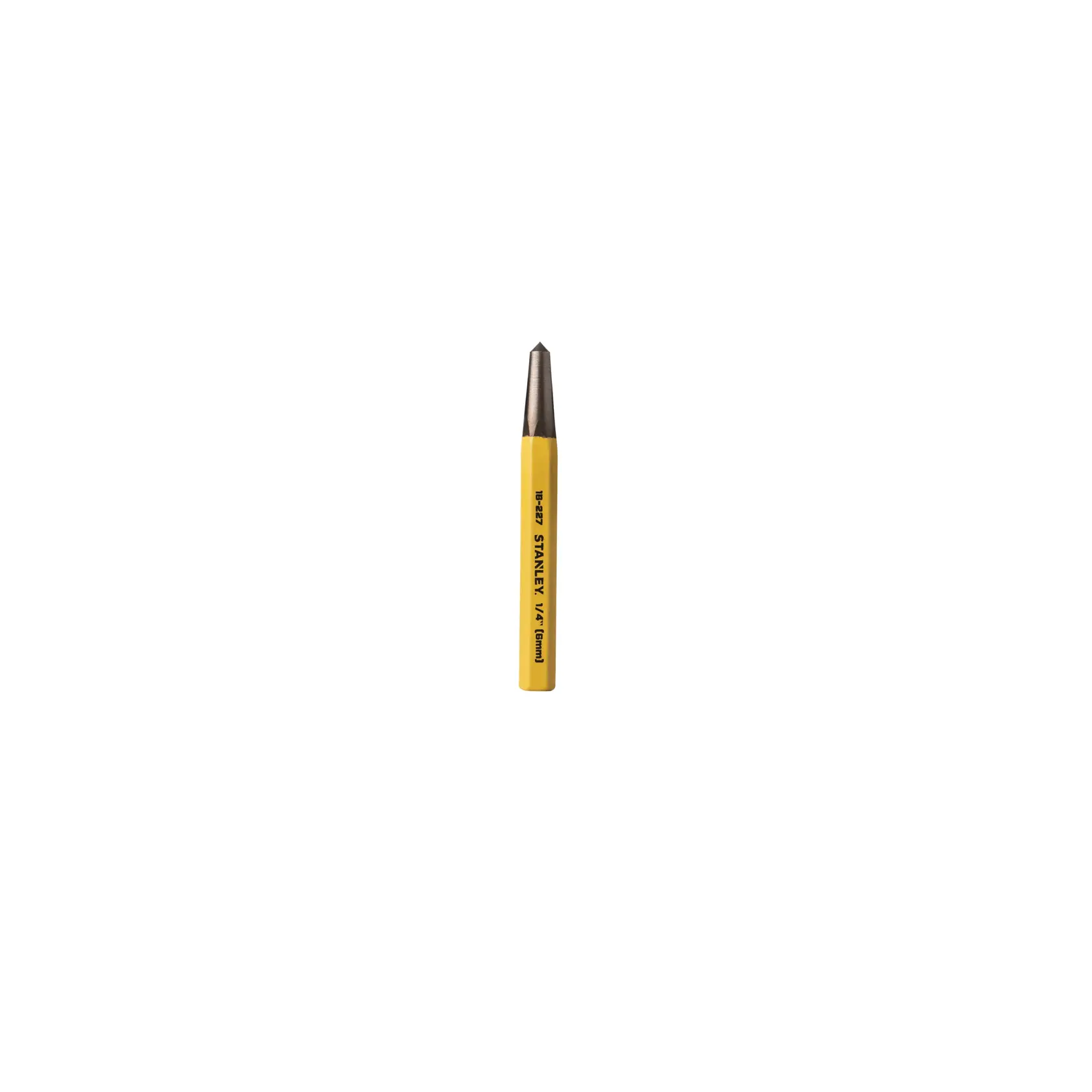 Um punção central Stanley com cabo amarelo e ponta de metal, utilizado para marcar o centro de um ponto para perfuração ou outros trabalhos.