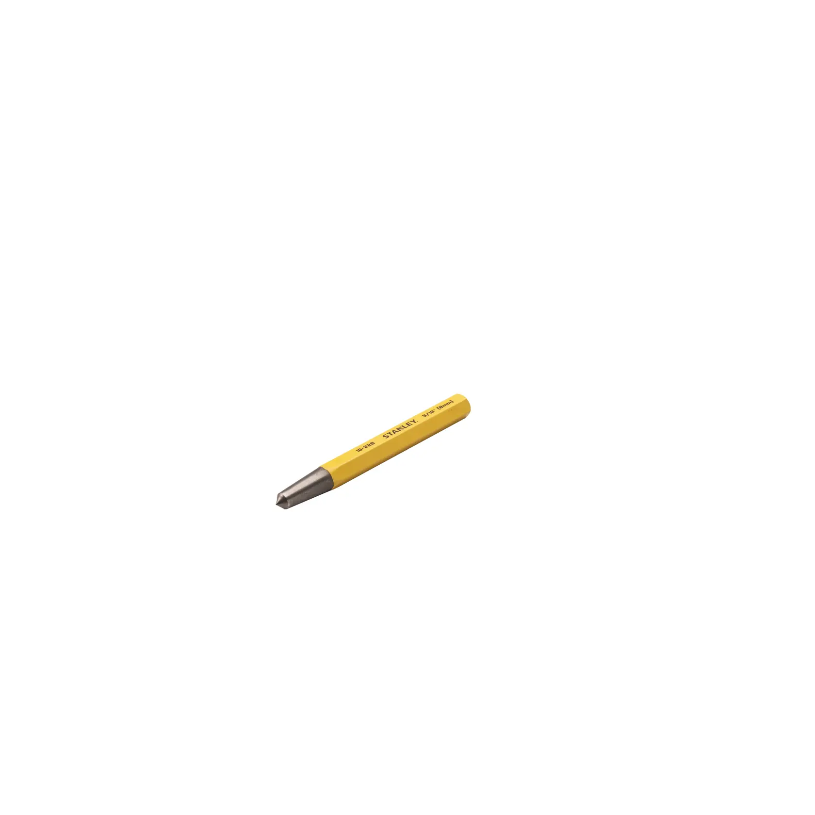STANLEY 16-228 ferramenta de punção de letras de aço amarela, vista inclinada em fundo branco.