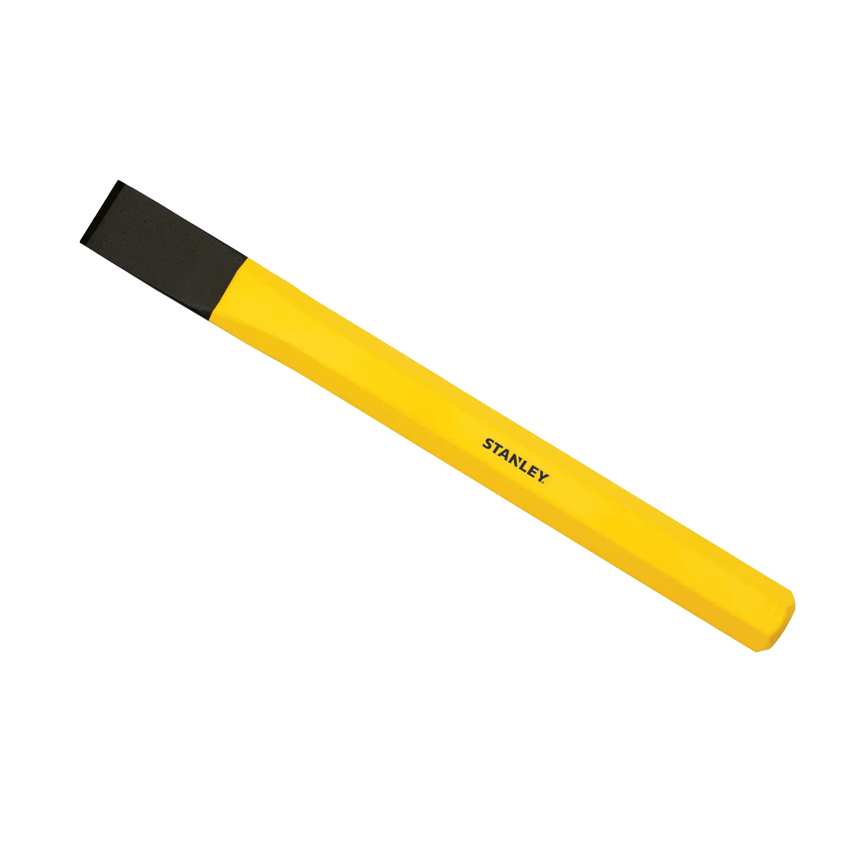 Cincel frío STANLEY 16-310 con mango hexagonal amarillo y filo de corte negro, fotografía de producto, vista en ángulo.