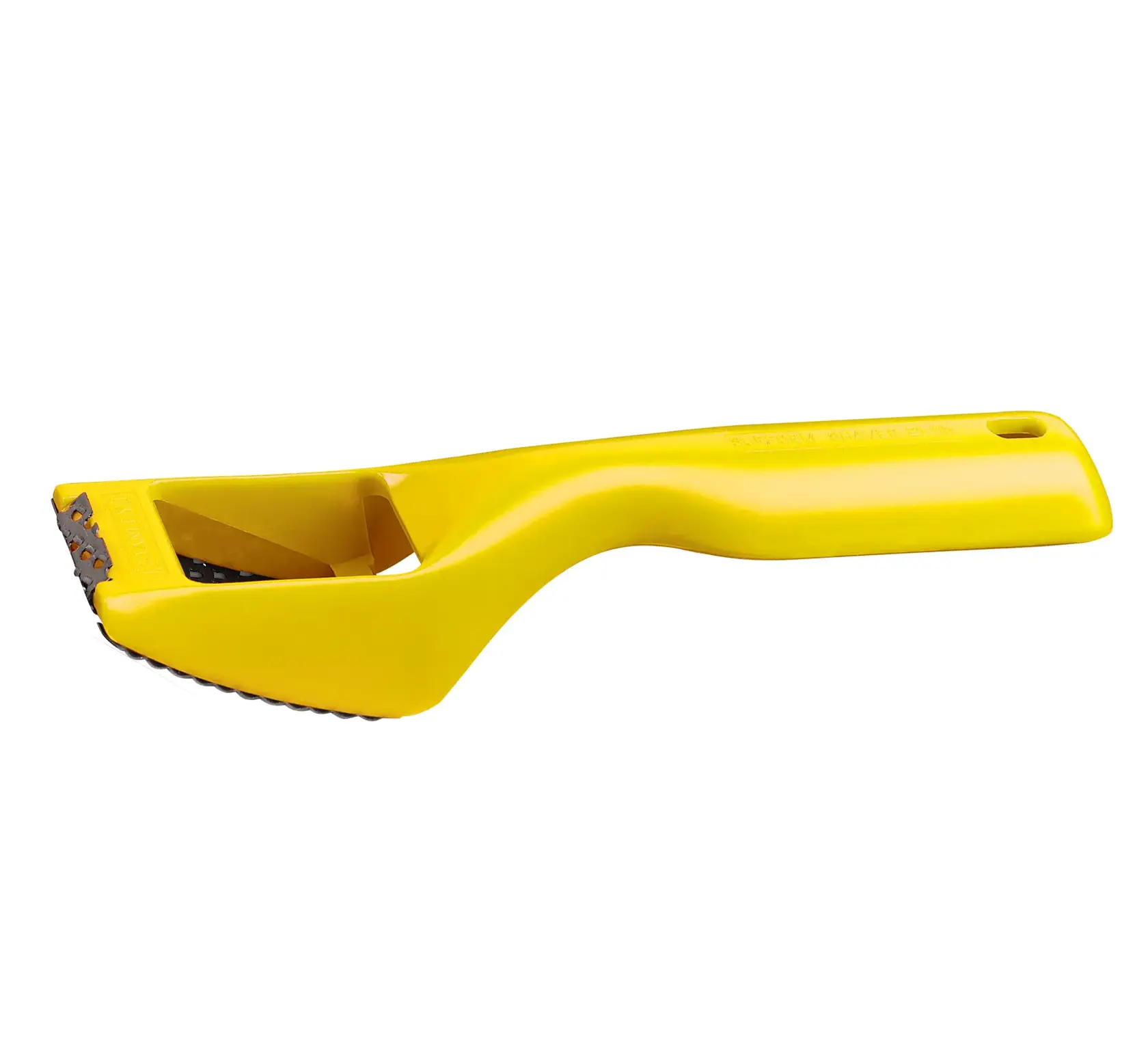 STANLEY 21-115 afilador surform amarillo, ángulo lateral, cuerpo de plástico con hoja de metal, herramienta manual.