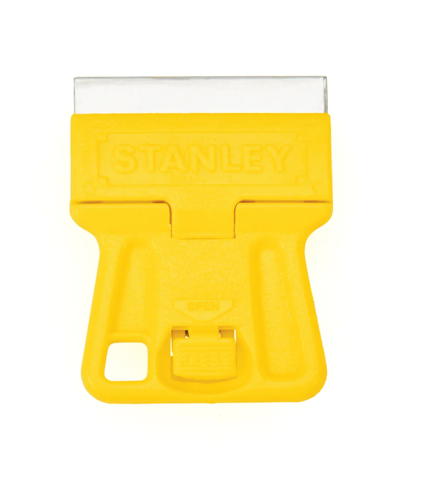 Raspador de cuchilla de plástico amarillo STANLEY con hoja metálica expuesta, ángulo frontal, sobre fondo blanco