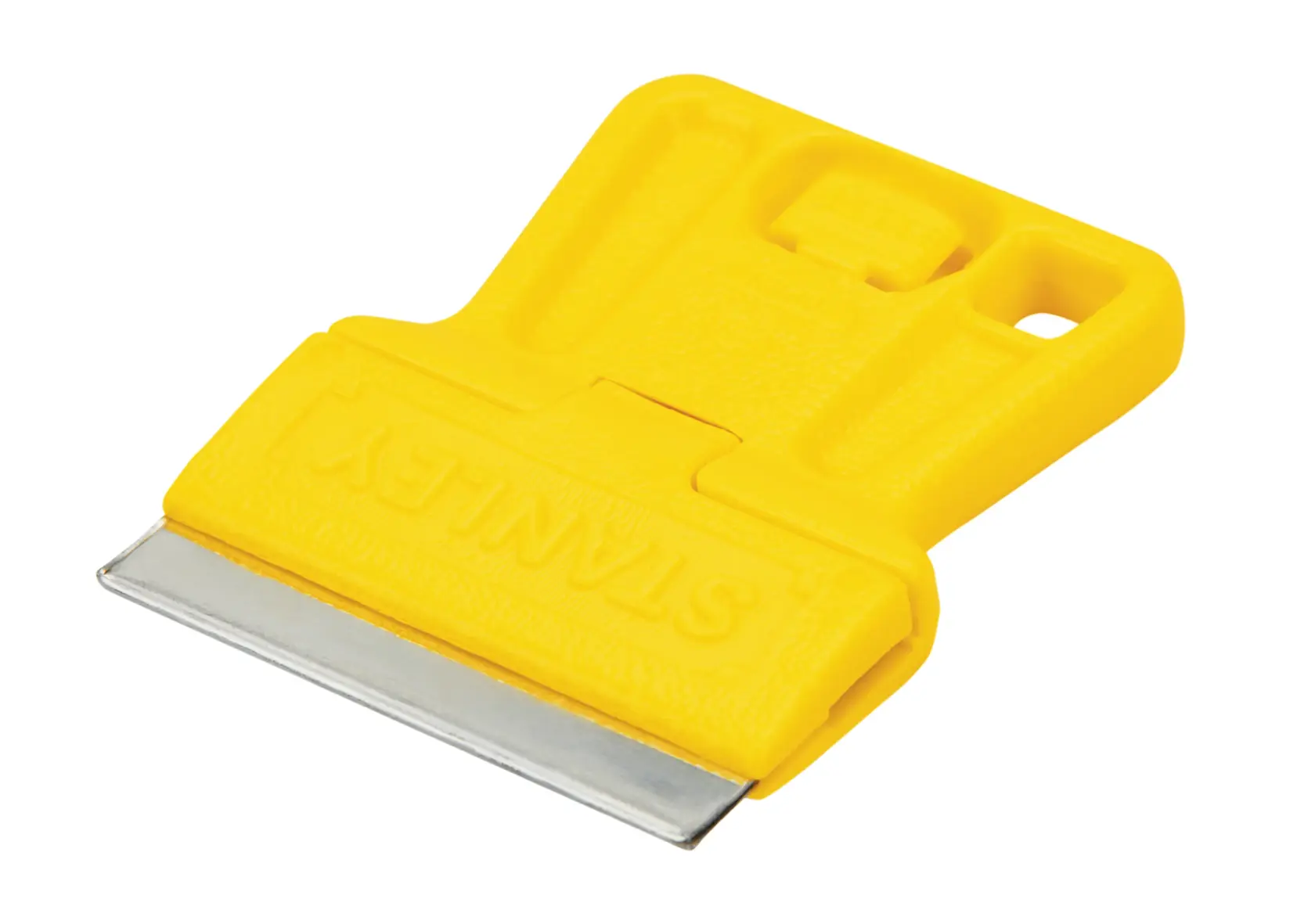 Stanley raspador utilitario de plástico amarillo con hoja metálica expuesta, en ángulo sobre fondo blanco