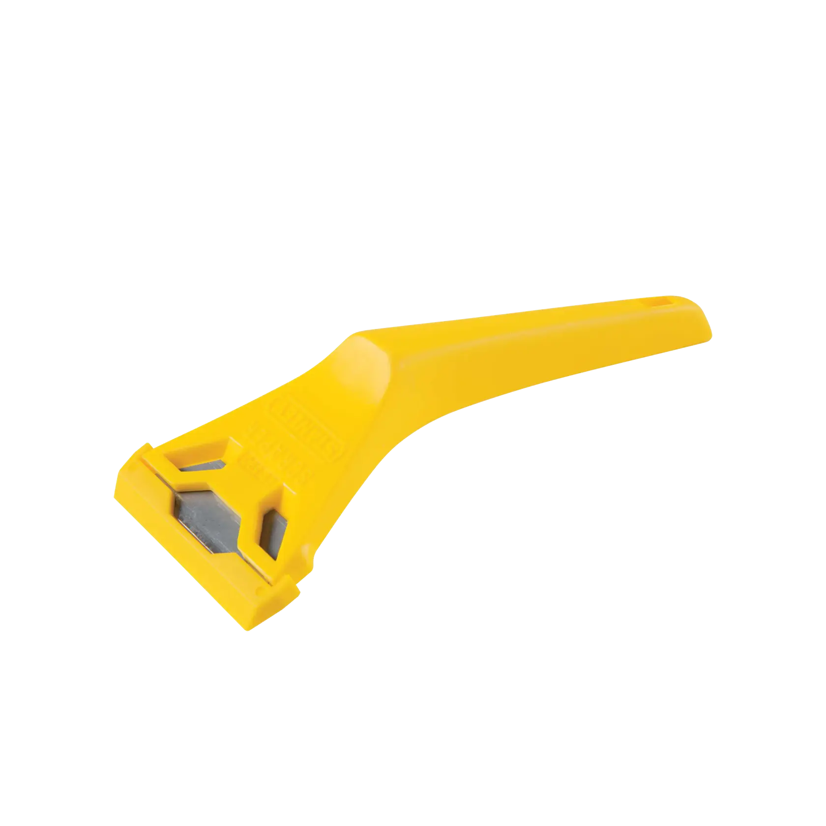 Stanley raspador amarillo de plástico y metal, vista en ángulo sobre fondo blanco