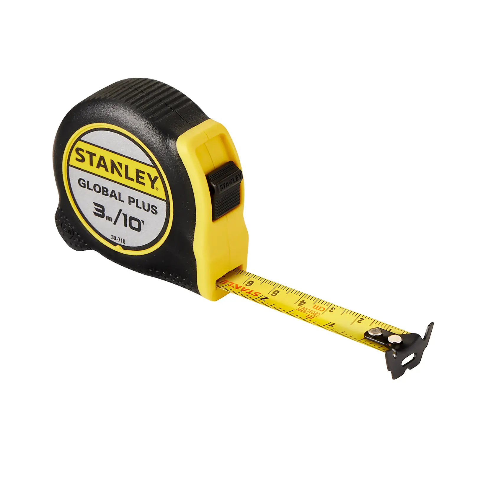 STANLEY 30-710 cinta métrica, amarilla y negra, 3m/10ft, ángulo frontal derecho sobre fondo blanco.