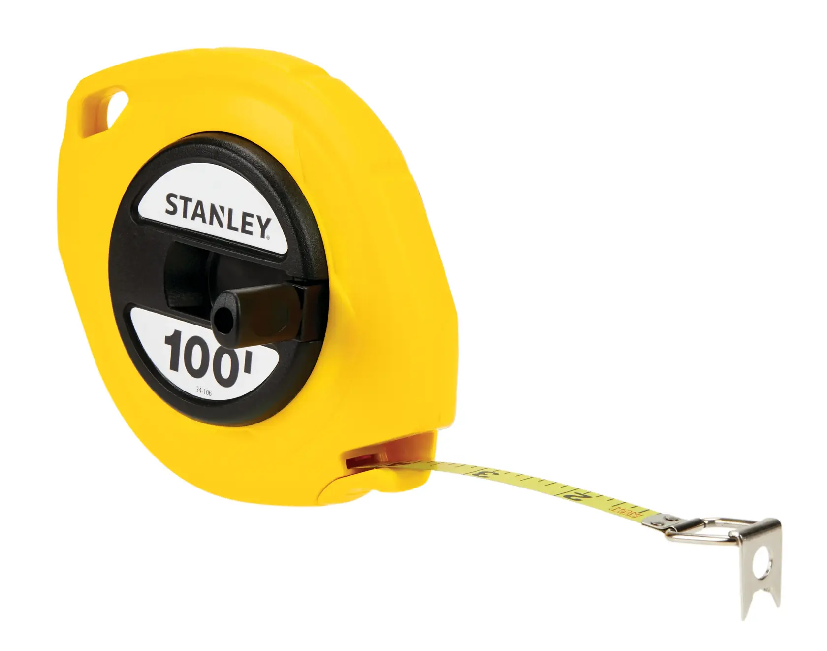 Stanley cinta métrica amarilla de 100 pies, vista lateral en ángulo sobre fondo blanco