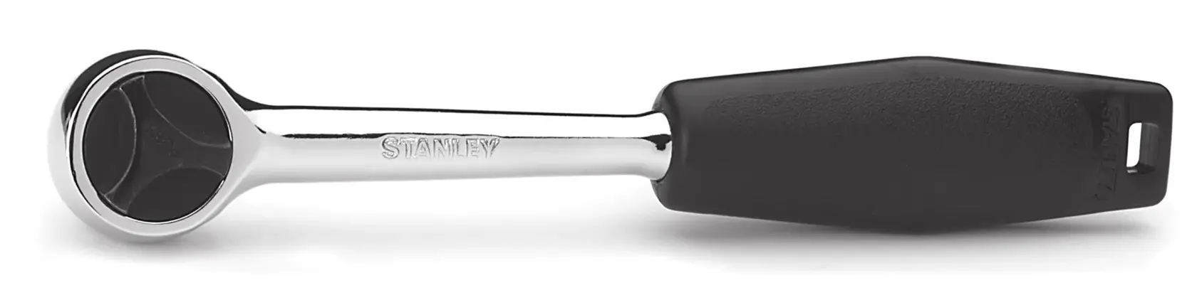 Llave de carraca STANLEY 4-86-395 con mango negro, vista lateral sobre fondo blanco.