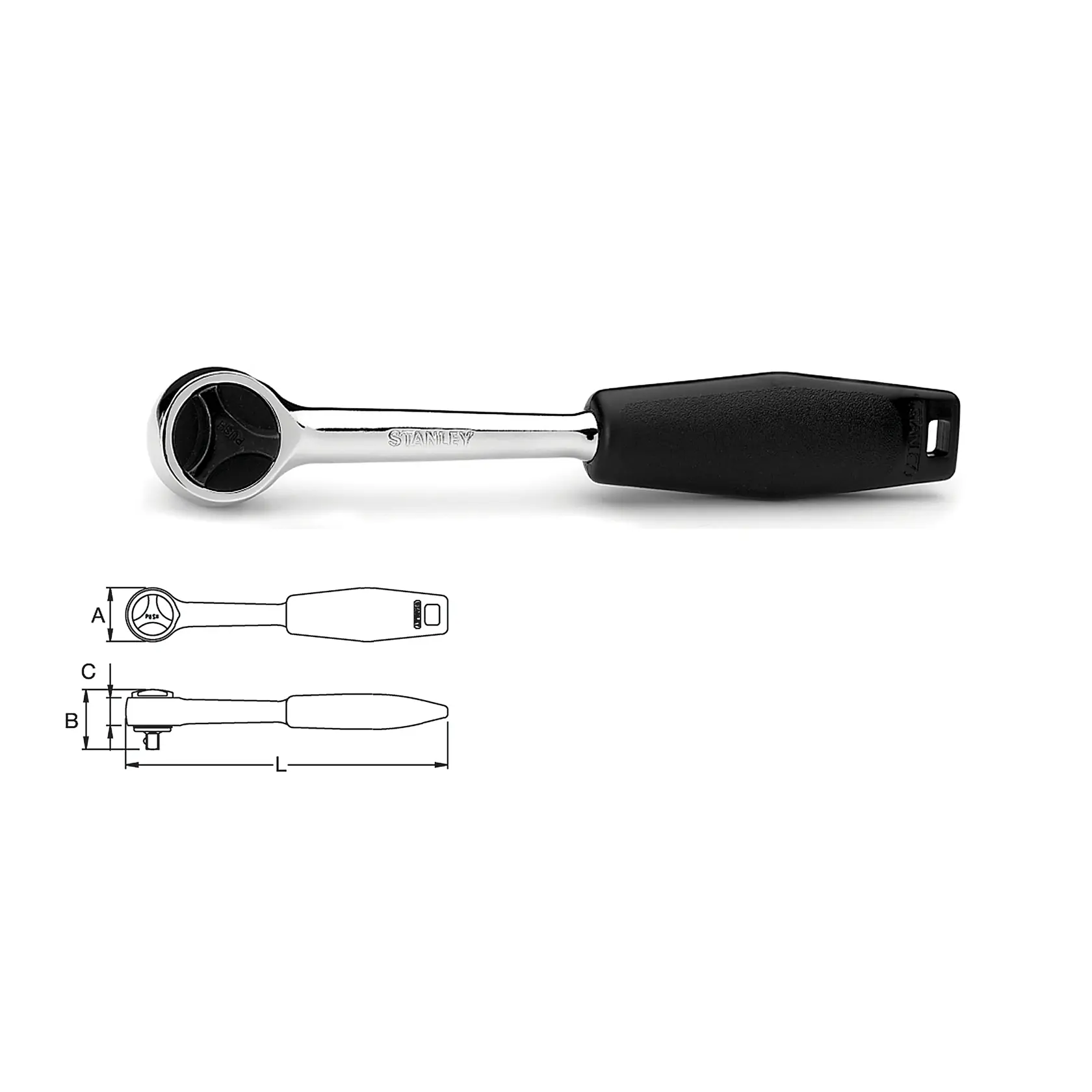 STANLEY 4-86-395 mango de carraca con empuñadura ergonómica negra, vista lateral, incluye dibujo técnico.