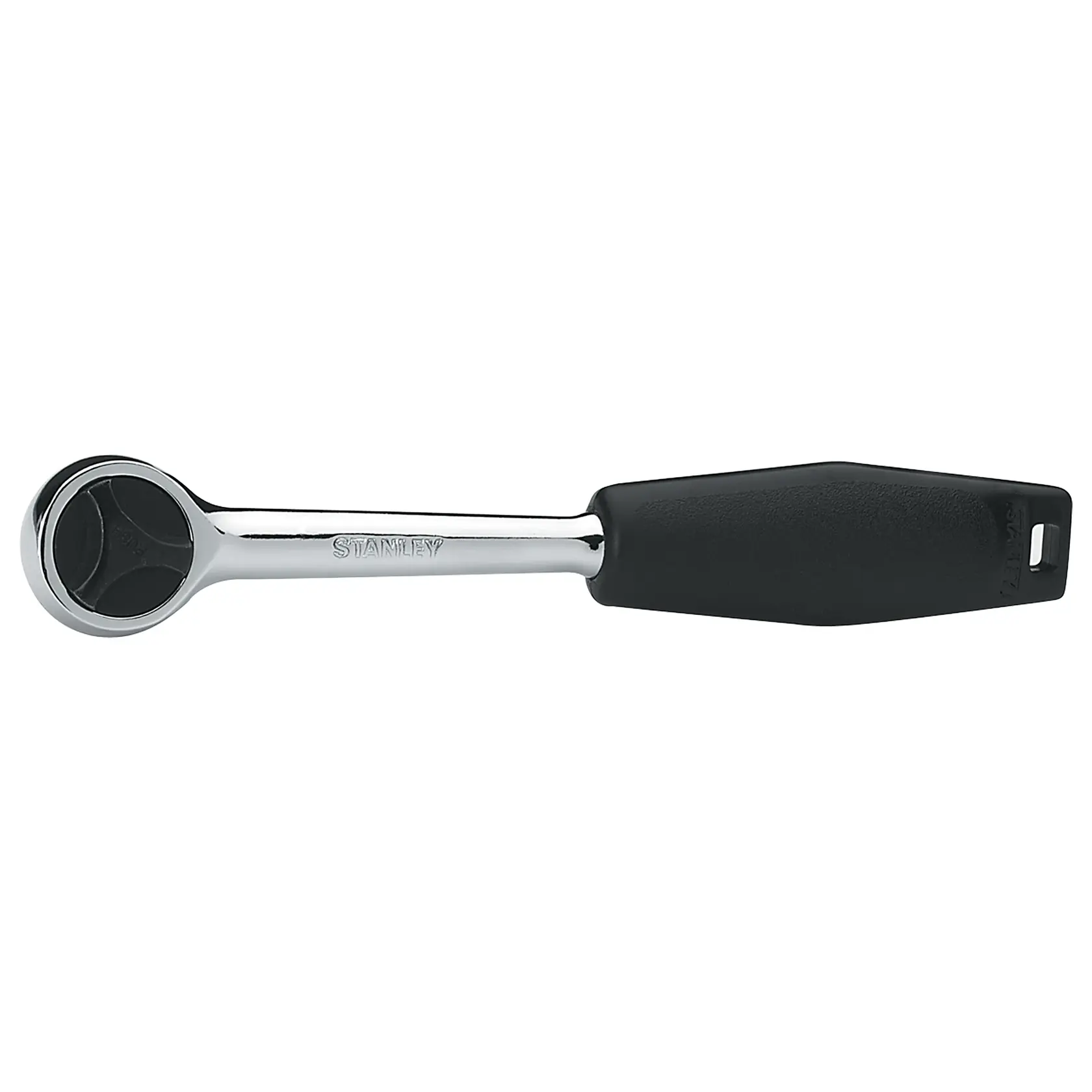 Llave de carraca STANLEY 4-86-397 con acabado cromado y mango ergonómico negro, vista lateral sobre fondo blanco.
