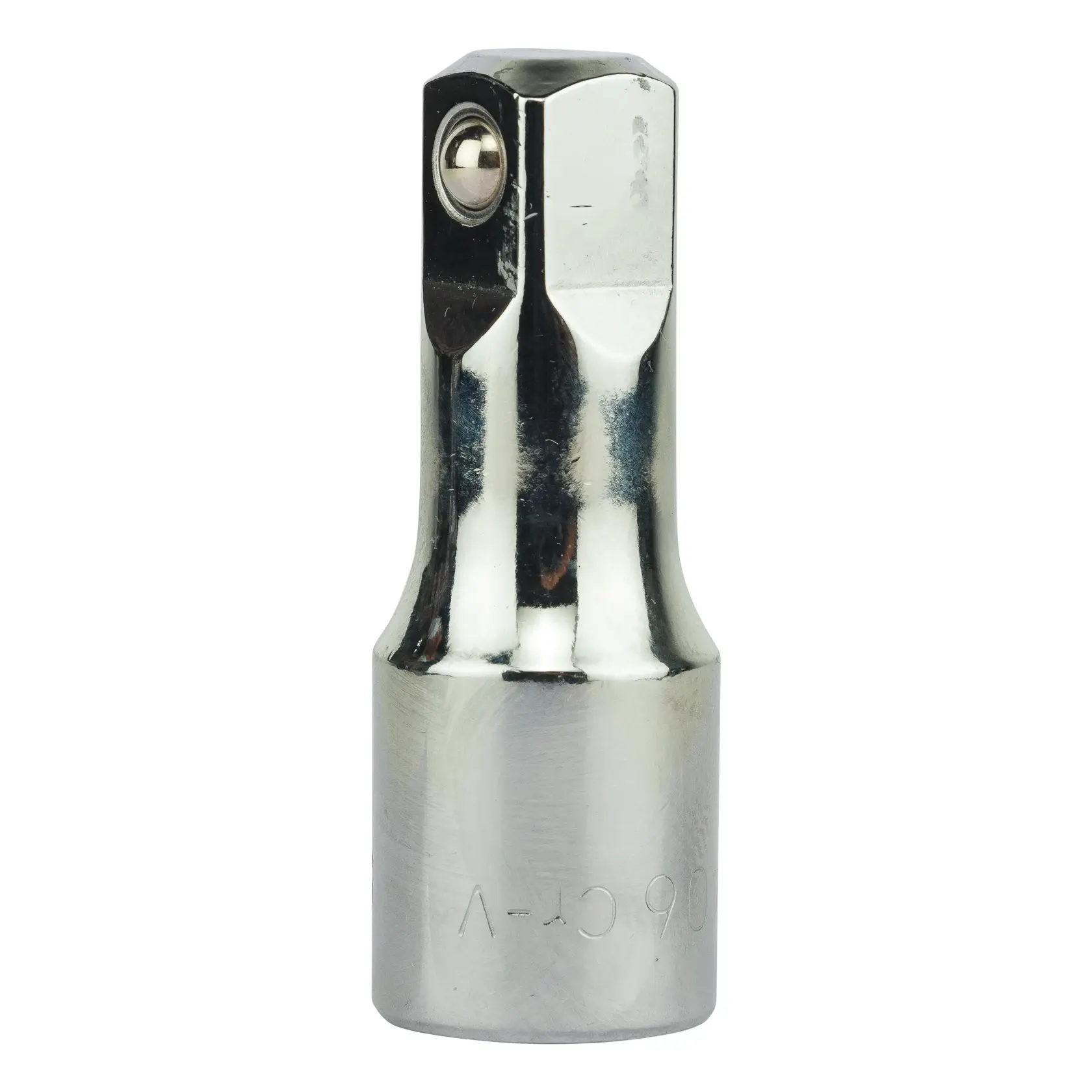 Adaptador de soquete cromado STANLEY 4-86-406, visão frontal aproximada, com encaixe sextavado e esfera de retenção.