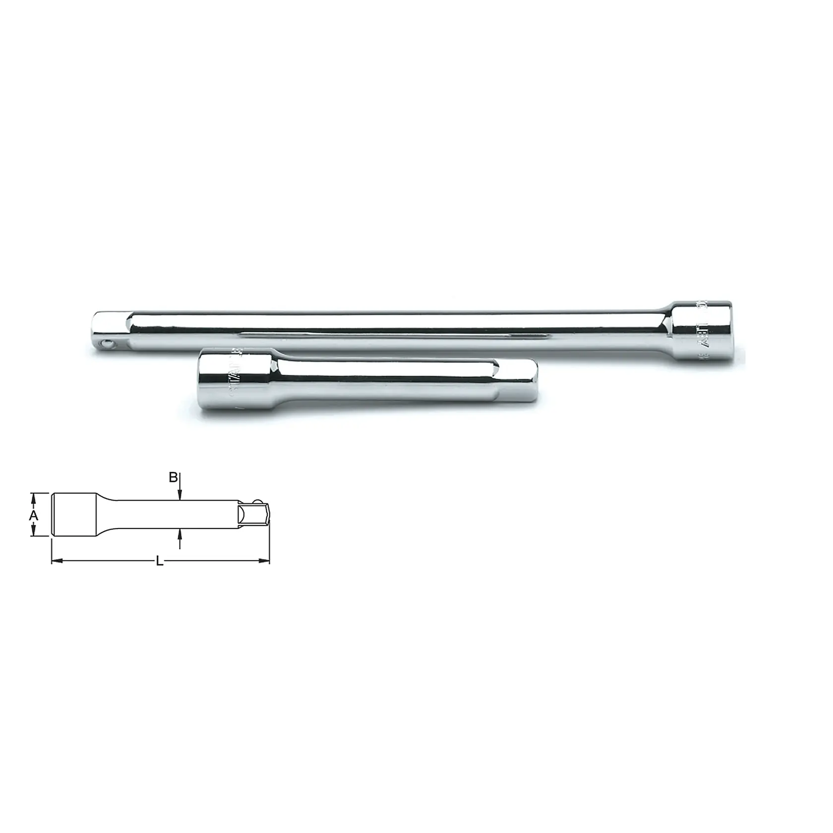 STANLEY 4-86-407 conjunto de barras de extensão vista lateral, acabamento cromado polido, com diagrama técnico.